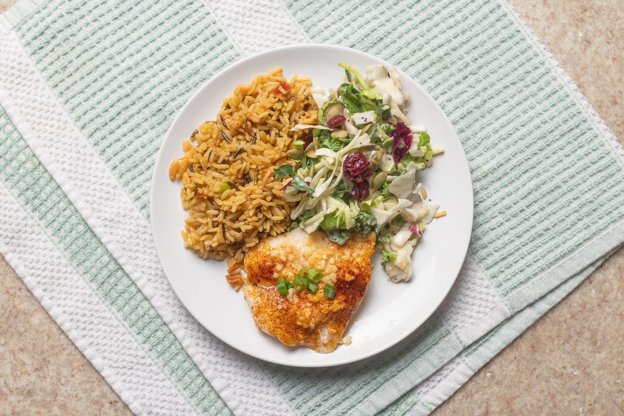 White Fish Plate - Orange Roughy - Wild Rice - Brussel Sprouts, Kale, Cranberry Salad - Top Down