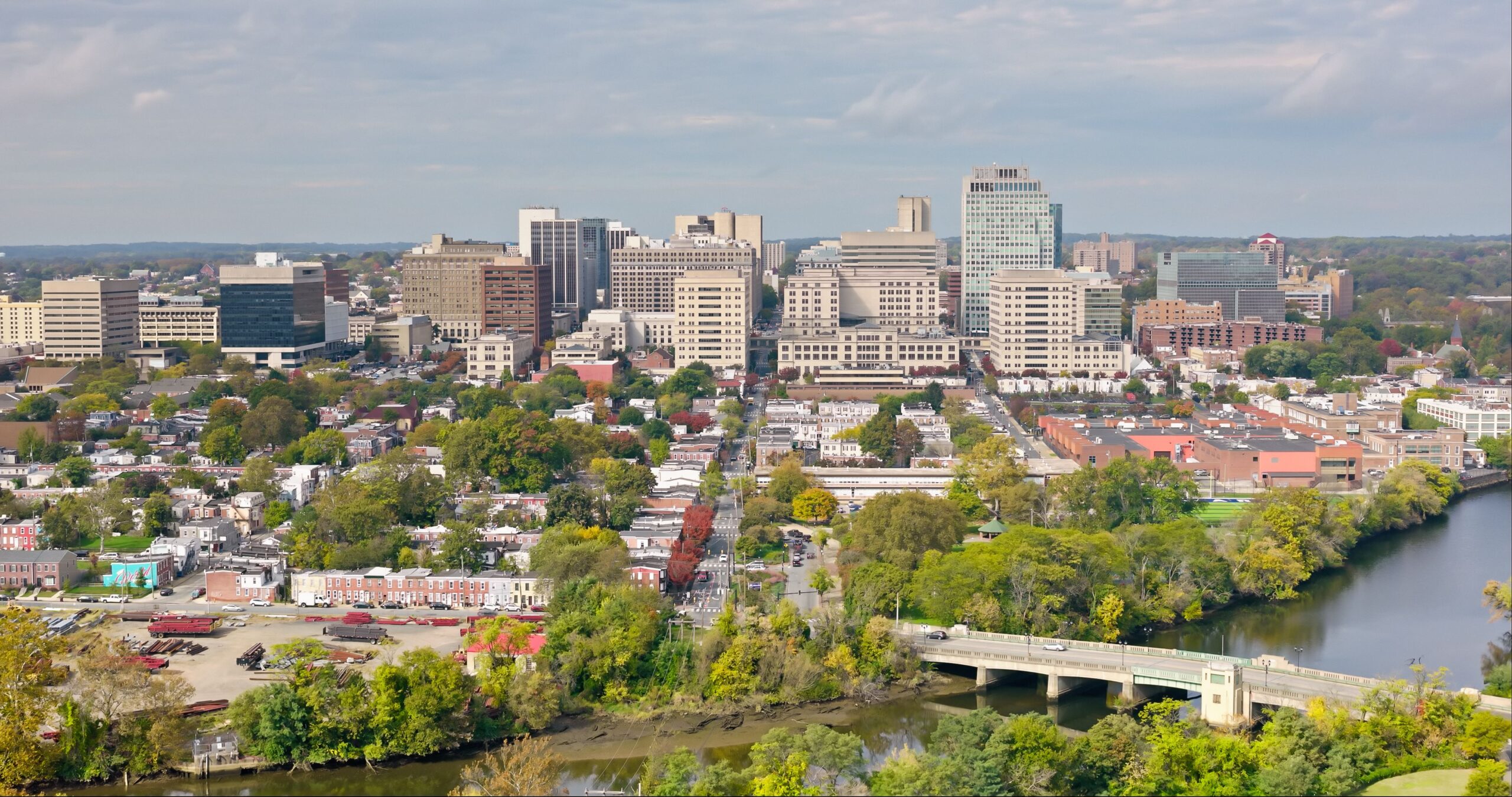 Aerial shot of downtown Wilmington in New Castle County, Delaware on an overcast day in Fall.