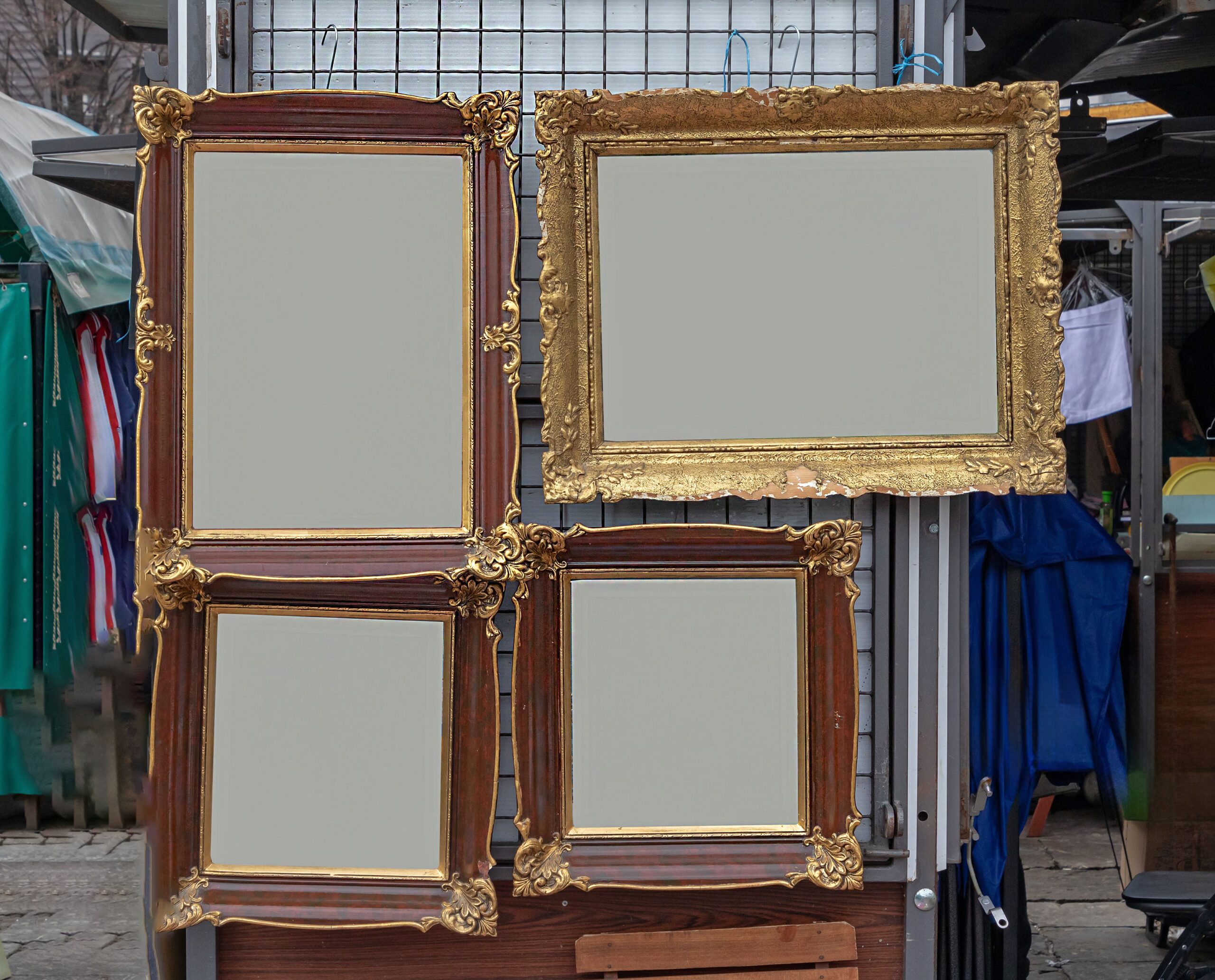 Old vintage blank frames outside on a street market