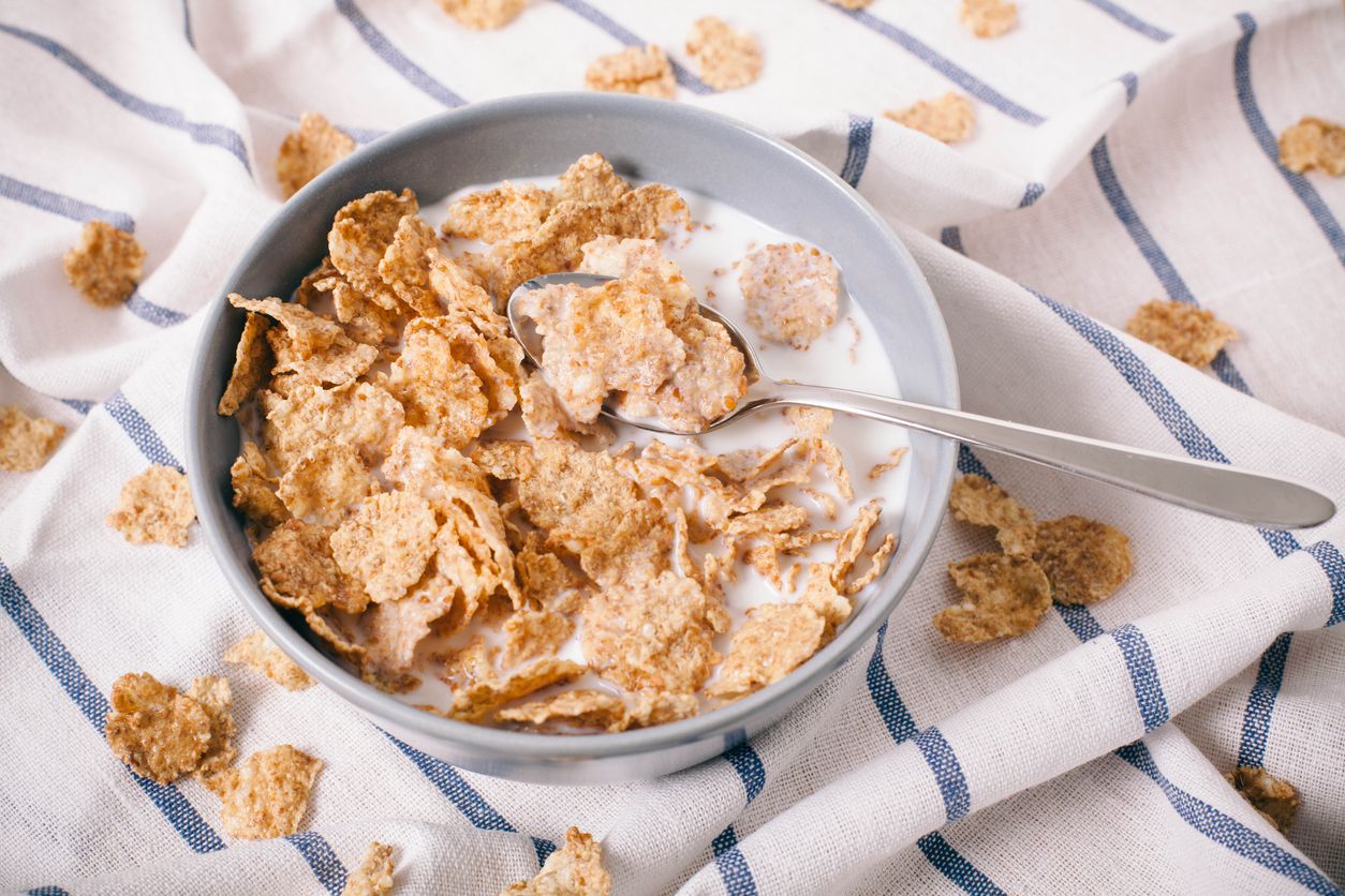 A bowl of cereal with milk.