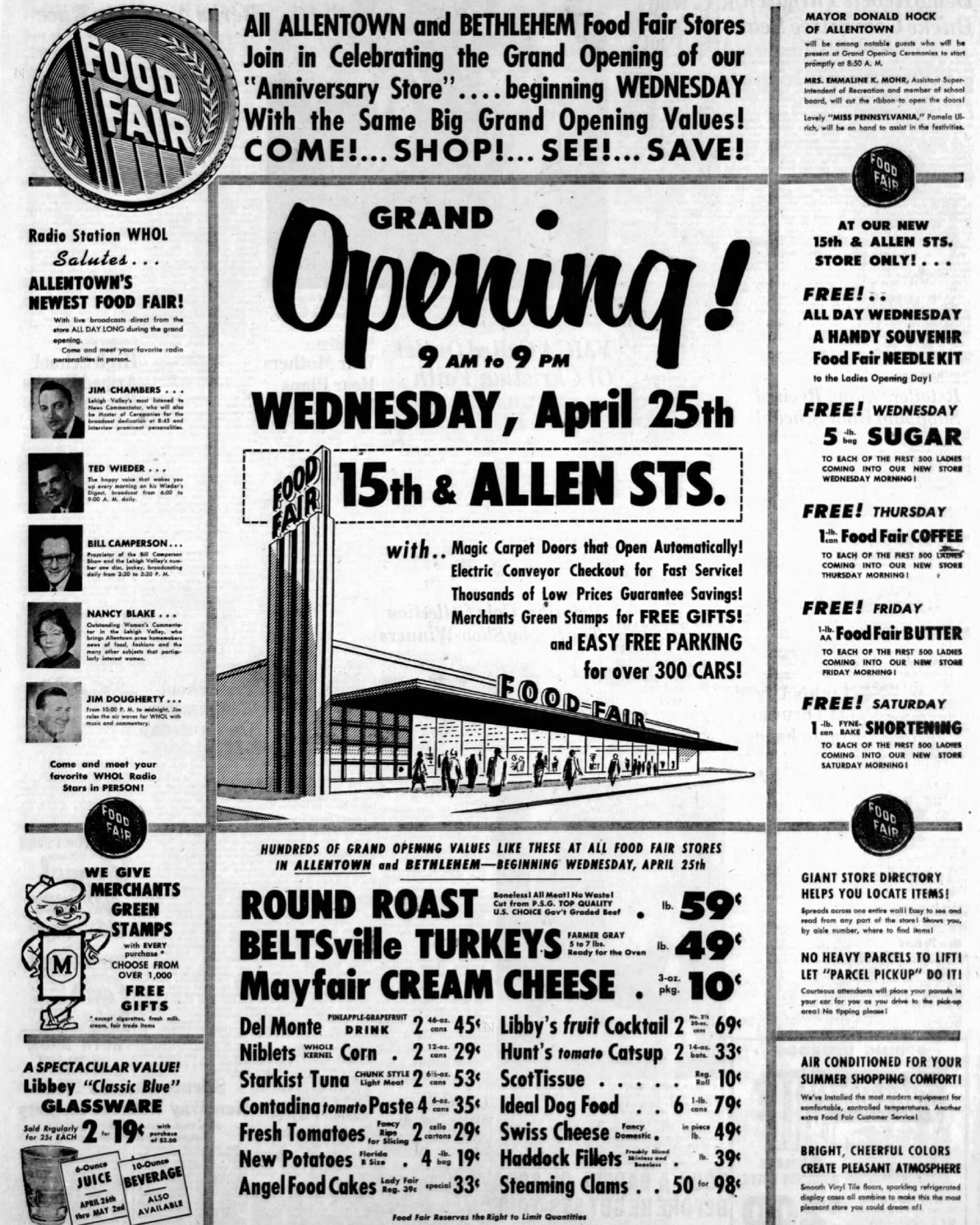 Food Fair grocery store grand opening ad in Morning Call Newspaper, Allentown, Pennsylvania, 1956, black and white