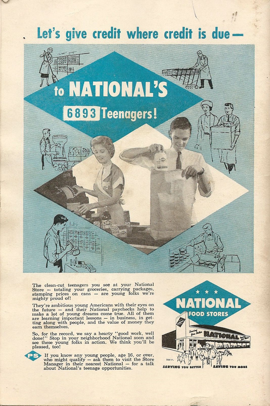 National Food Stores magazine vintage ad, 1950s, blue and black coloring on yellowed white paper