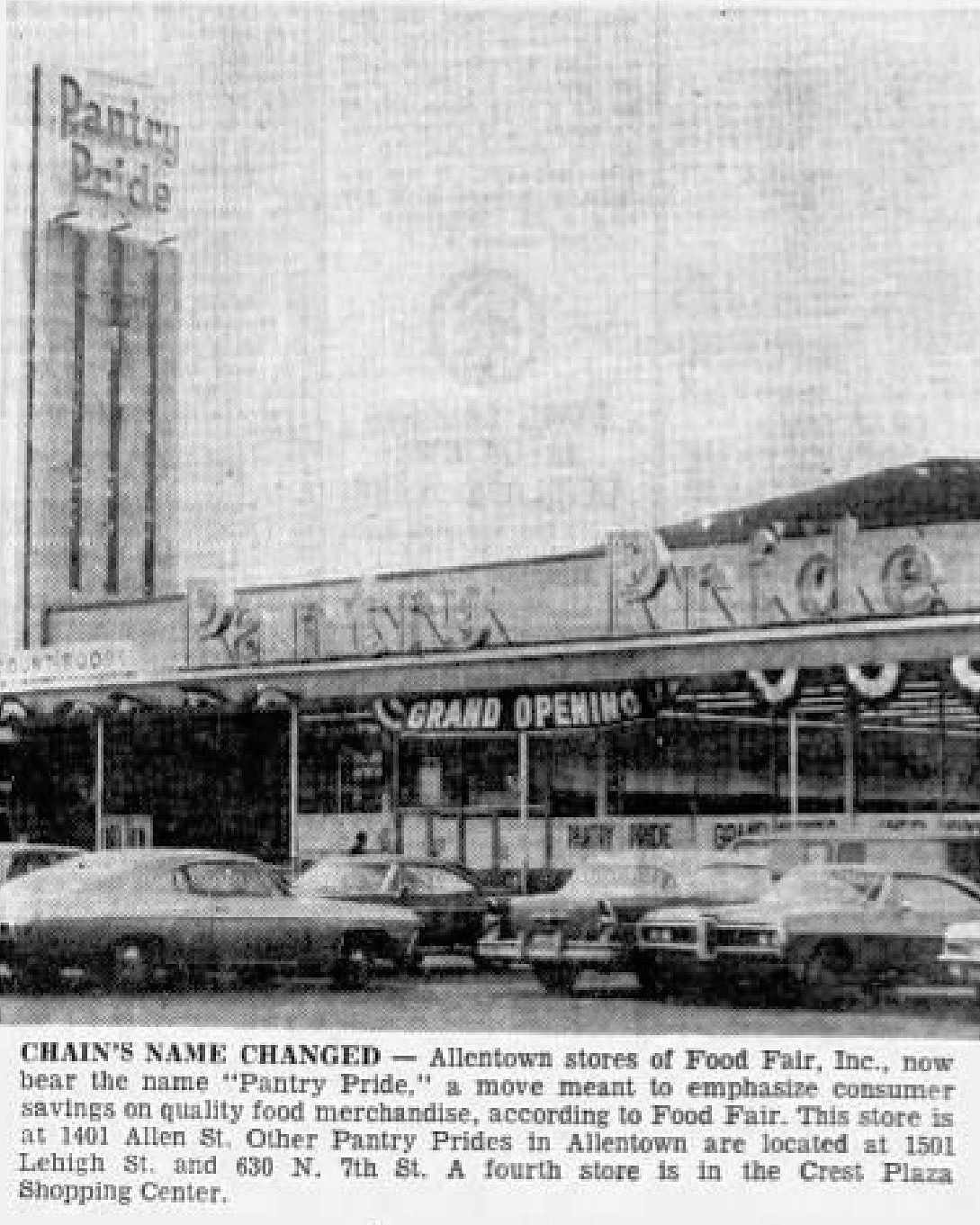Newspaper article for grand opening of Pantry Pride, Allentown, Pennsylvania, 1969, black and white image of front exterior
