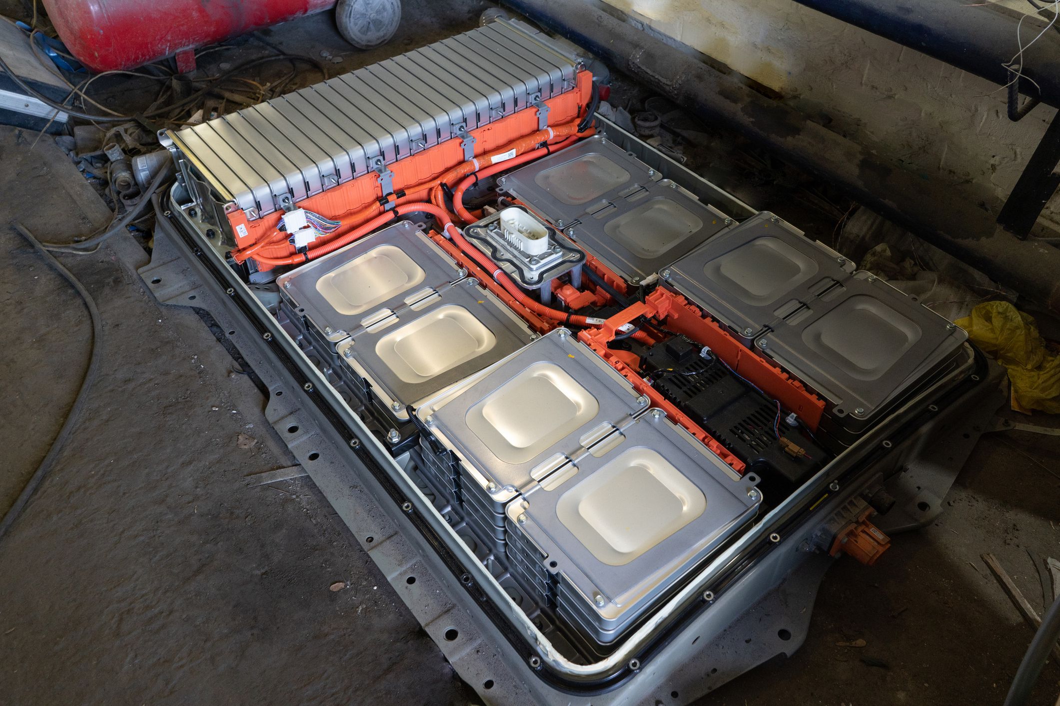 Demounted battery fromvehicle Nissan Leaf with zero emission . Cells of high voltage electric car batterie. Service station. May, 2019. Kiev, Ukraine.