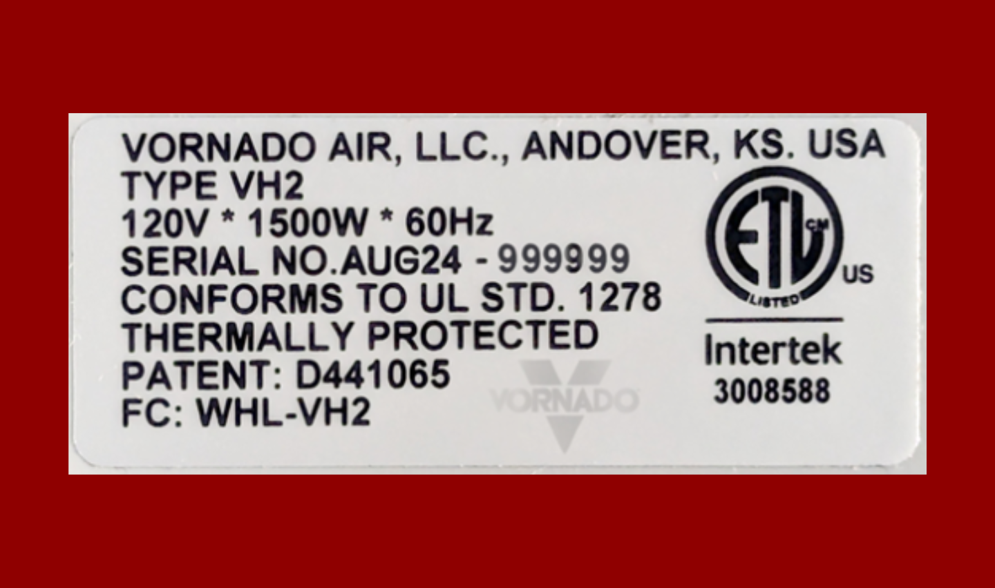 VH2 space heater rating label