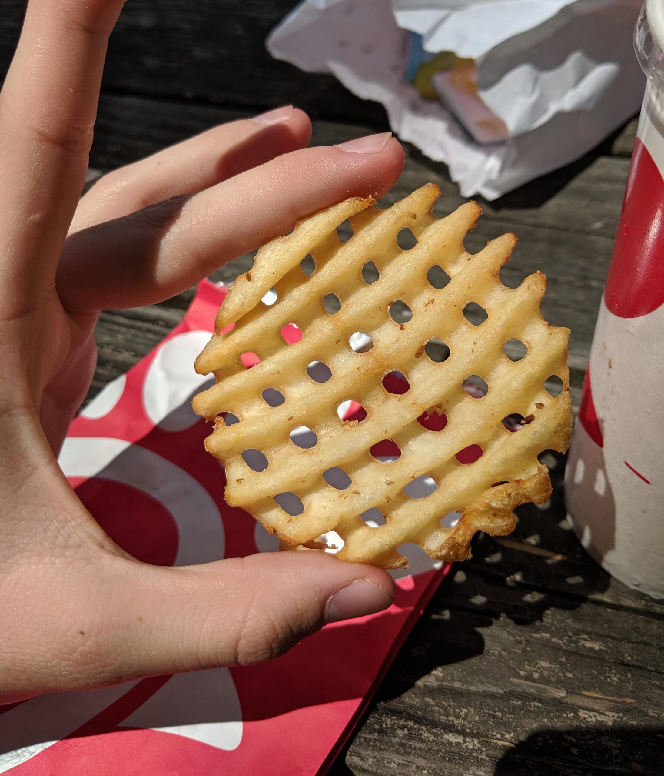 Chick-fil-A Waffle Fry held by hand
