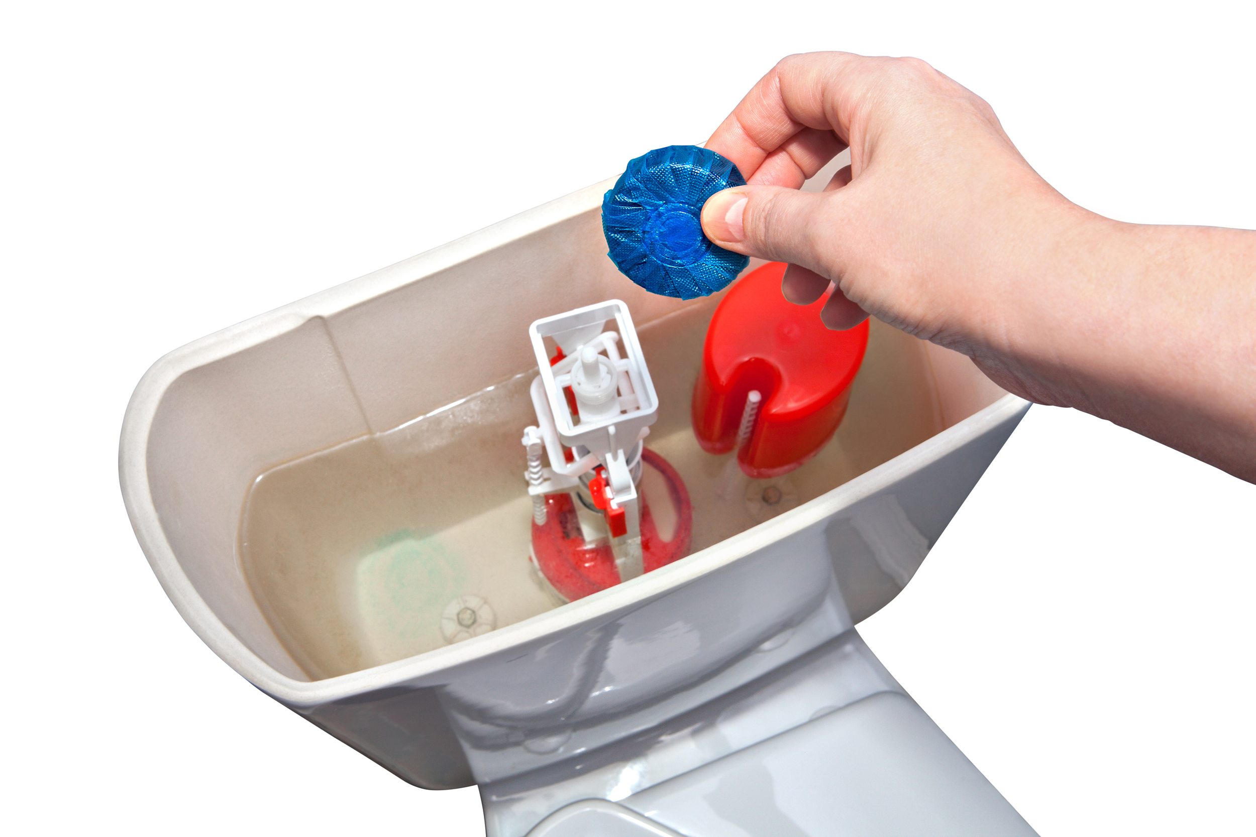 Putting an automatic toilet cleaner into the toilet bowl