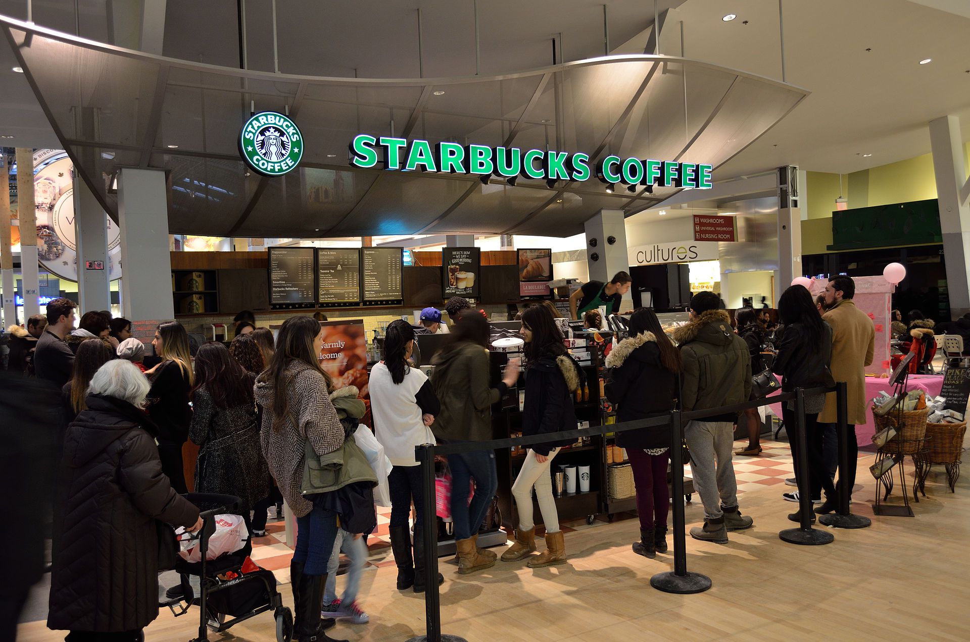 People lining up in front of Starbucks Coffee at Vaughan Mills