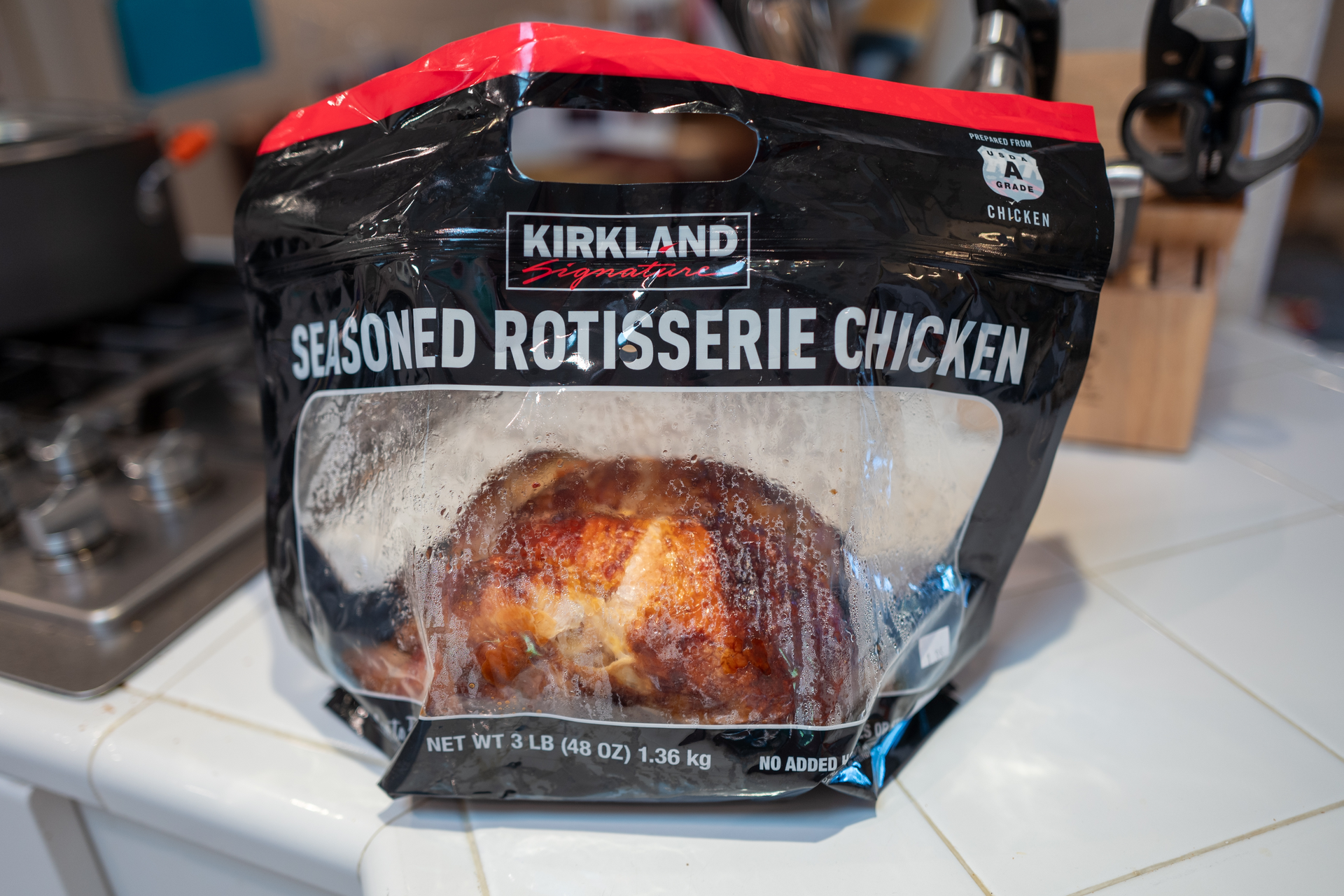 Kirkland Rotisserie Chicken From Costco on a Kitchen Countertop