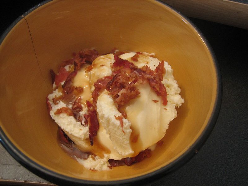 This is a maple syrup and bacon ice cream I made for dessert after lunch today.