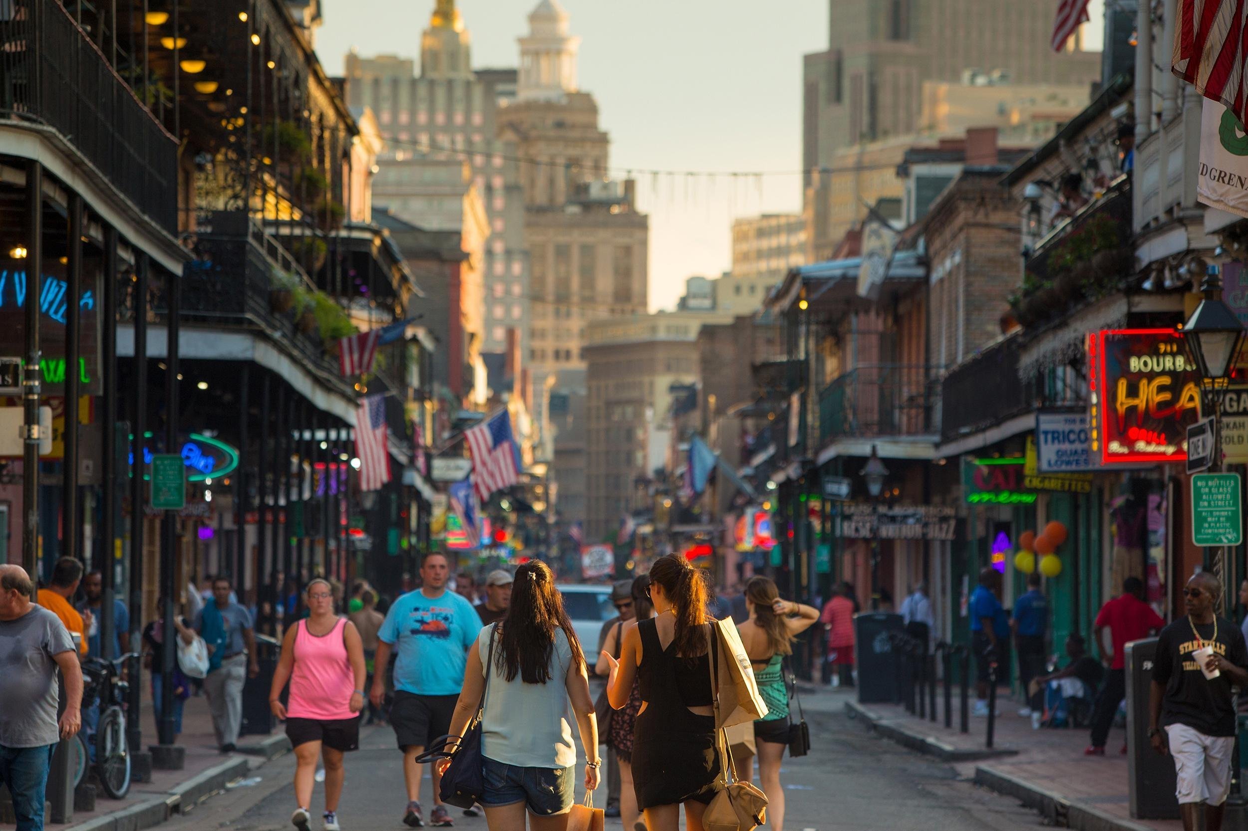 pubs and bars with neon lights in the French Quarter, downtown New Orleans