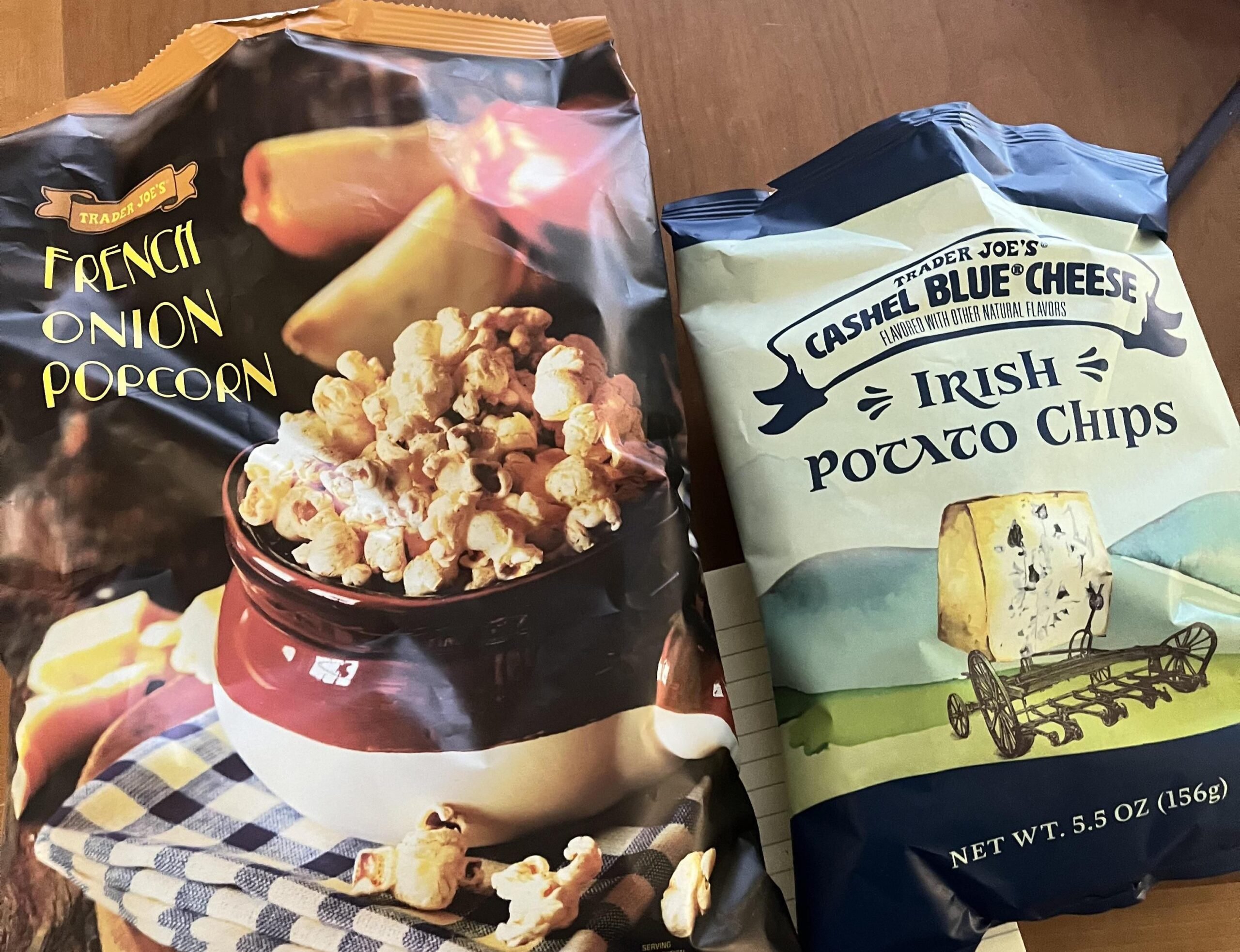 Trader Joe's French Onion Popcorn and Cashel Blue Cheese Irish Potato Chips