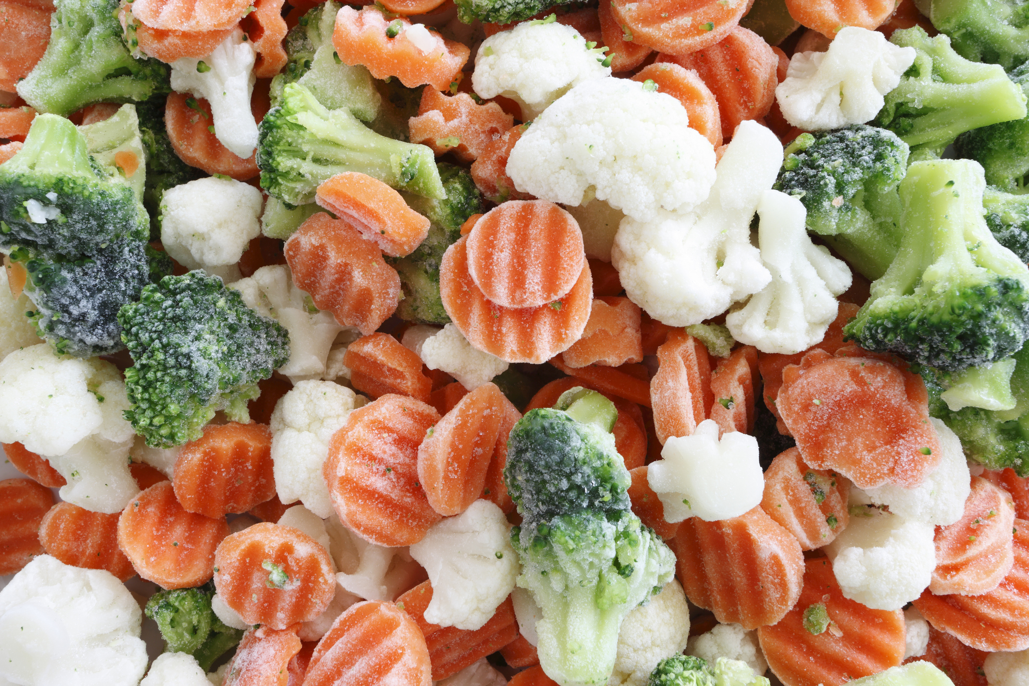 Closeup of Frozen Vegetables, Carrots, Broccoli, Cauliflower