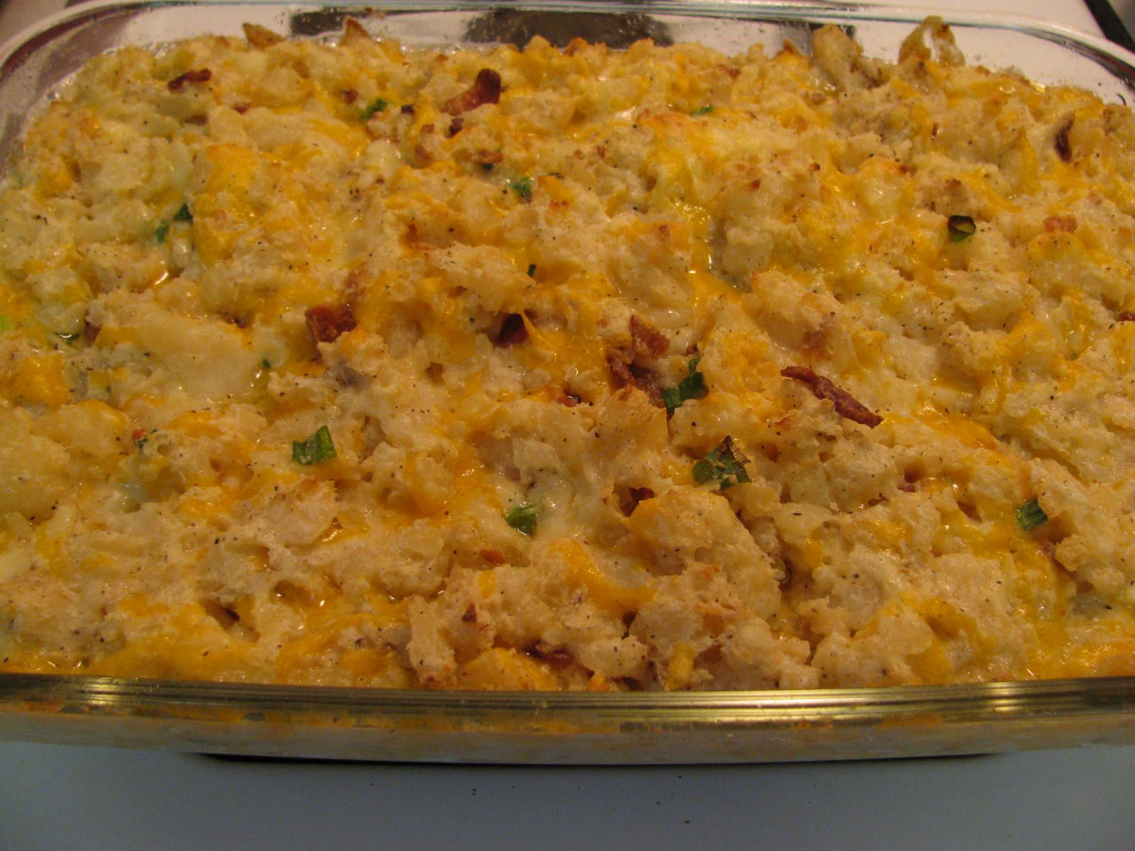 Twice Baked Potato Casserole in a glass baking dish