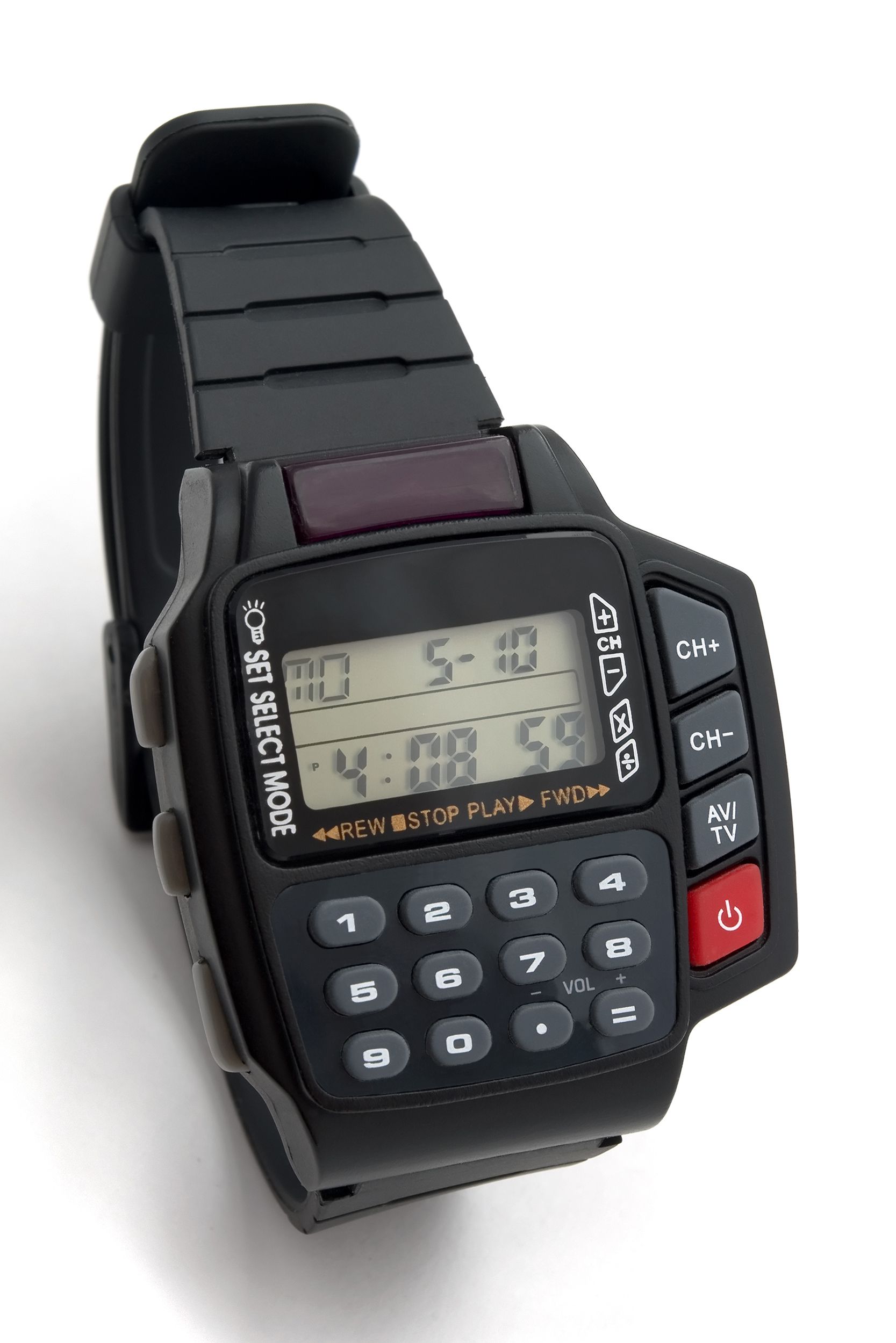 Closeup of vintage calculator watch with a white background