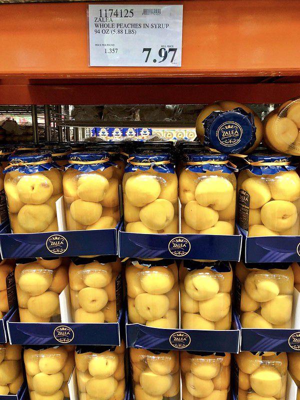 Jars of peaches at Costco, which are on sale.