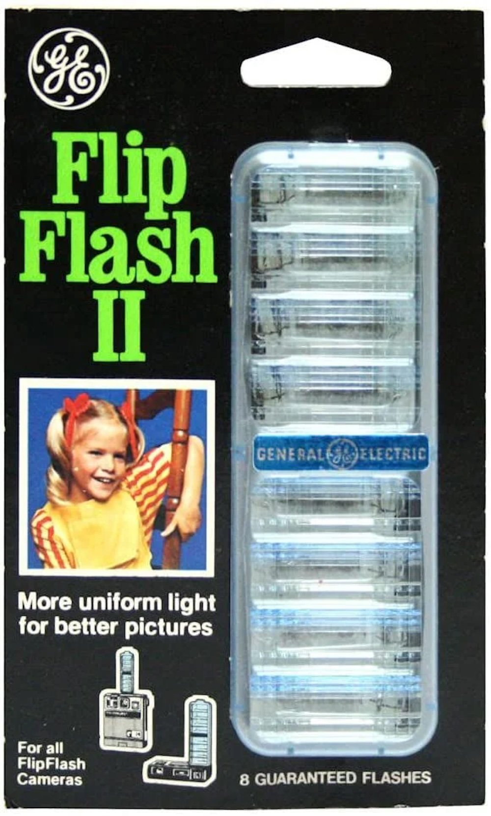 Packaging for GE Flip Flash II, featuring a smiling child holding a camera and a clear case with eight flashbulbs. Text says “More uniform light for better pictures” and shows compatibility with FlipFlash cameras.