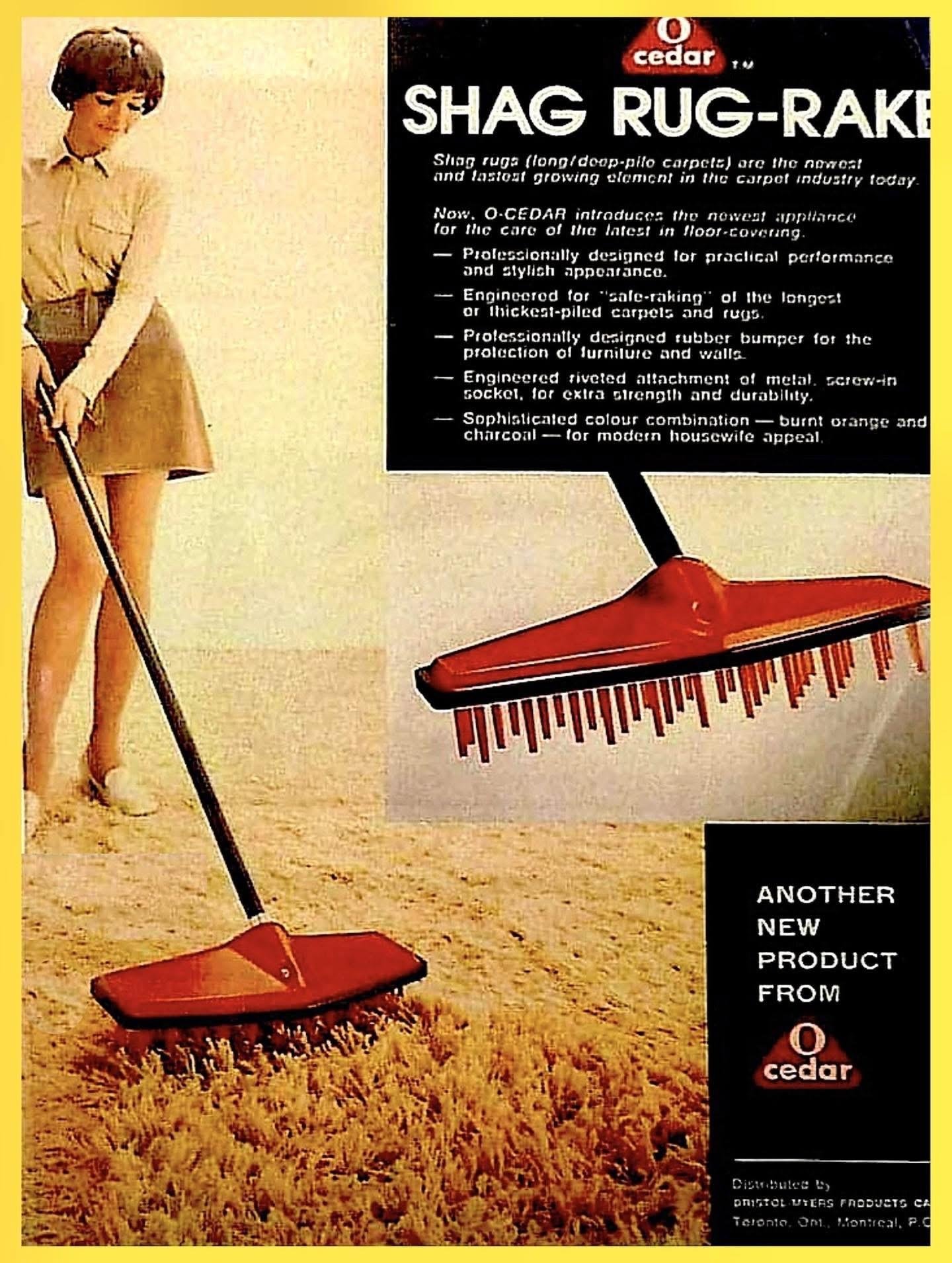 A vintage advertisement shows a woman using a red and black Shag Rug-Rake on a carpet. The text highlights its features and describes it as a modern product for maintaining shag rugs, with a large image of the rake head.