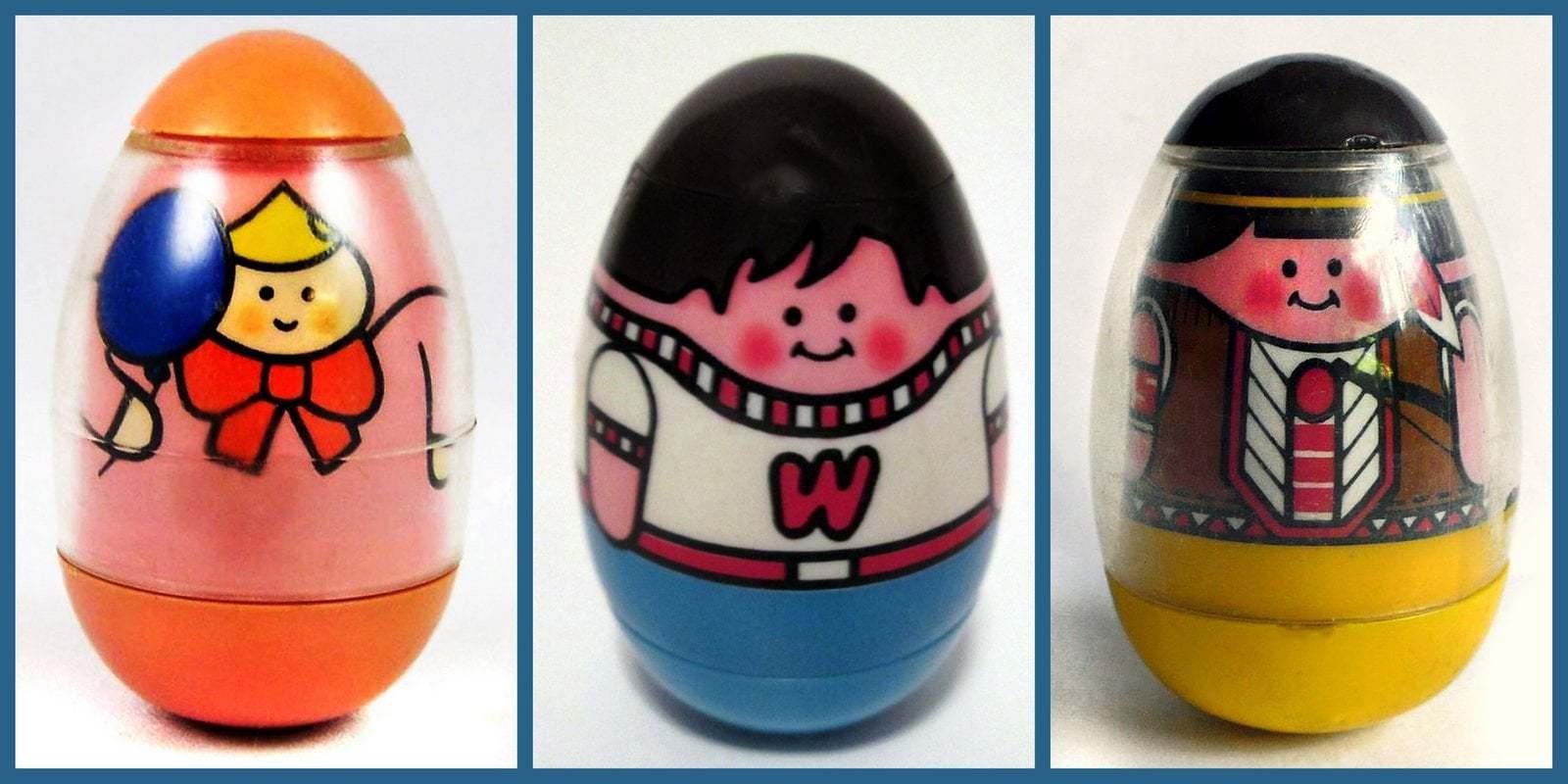 Three vintage Weebles toys are shown: one with a yellow hat and blue balloon, one with a red "W" sweater, and one dressed as a Native American, each with a rounded, egg-shaped design and cartoon faces.