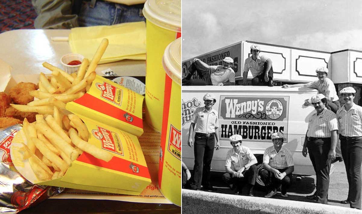 A split image: left side shows Wendy’s fast food meal with fries, chicken, sandwich, and drinks; right side features vintage Wendy’s photos of people in uniforms posing by an old Wendy’s Hamburgers truck.
