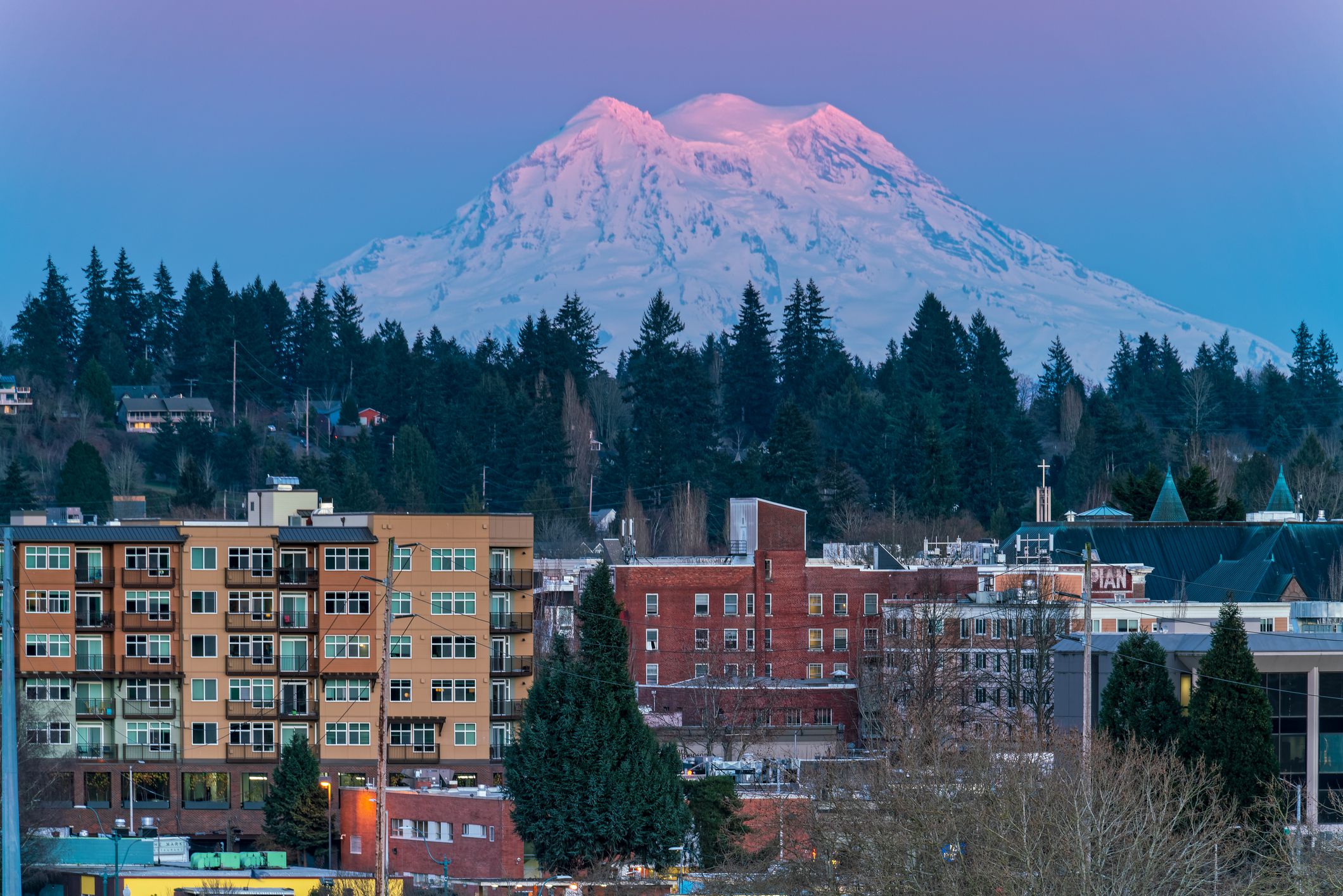 Sundown over Olympia Washington with Mt. Rainier in background