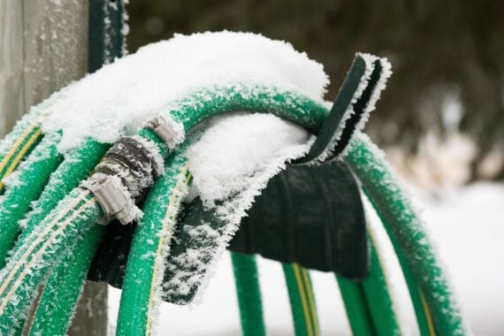 A green garden hose covered in snow and frost is coiled on a black hose holder outdoors, with a snowy background visible.