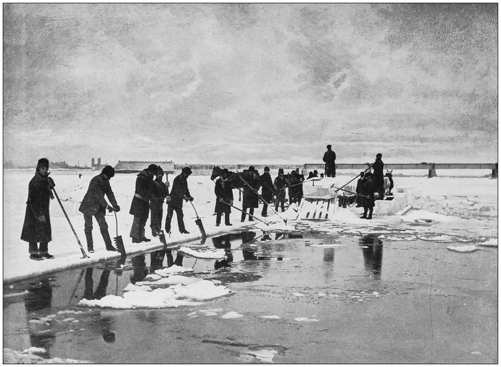 Antique photograph of the British Empire: Ice cutting near Montreal