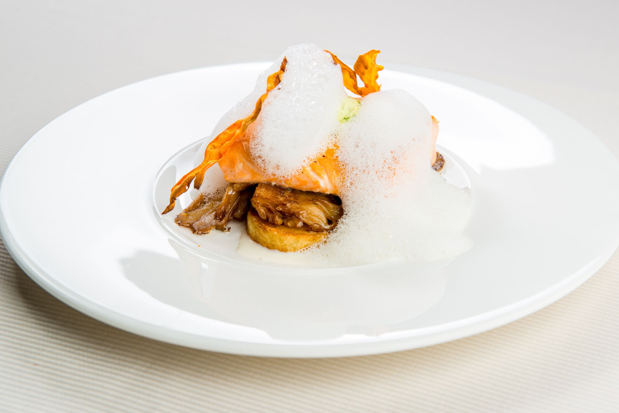 Roasted trout infused with milk foam