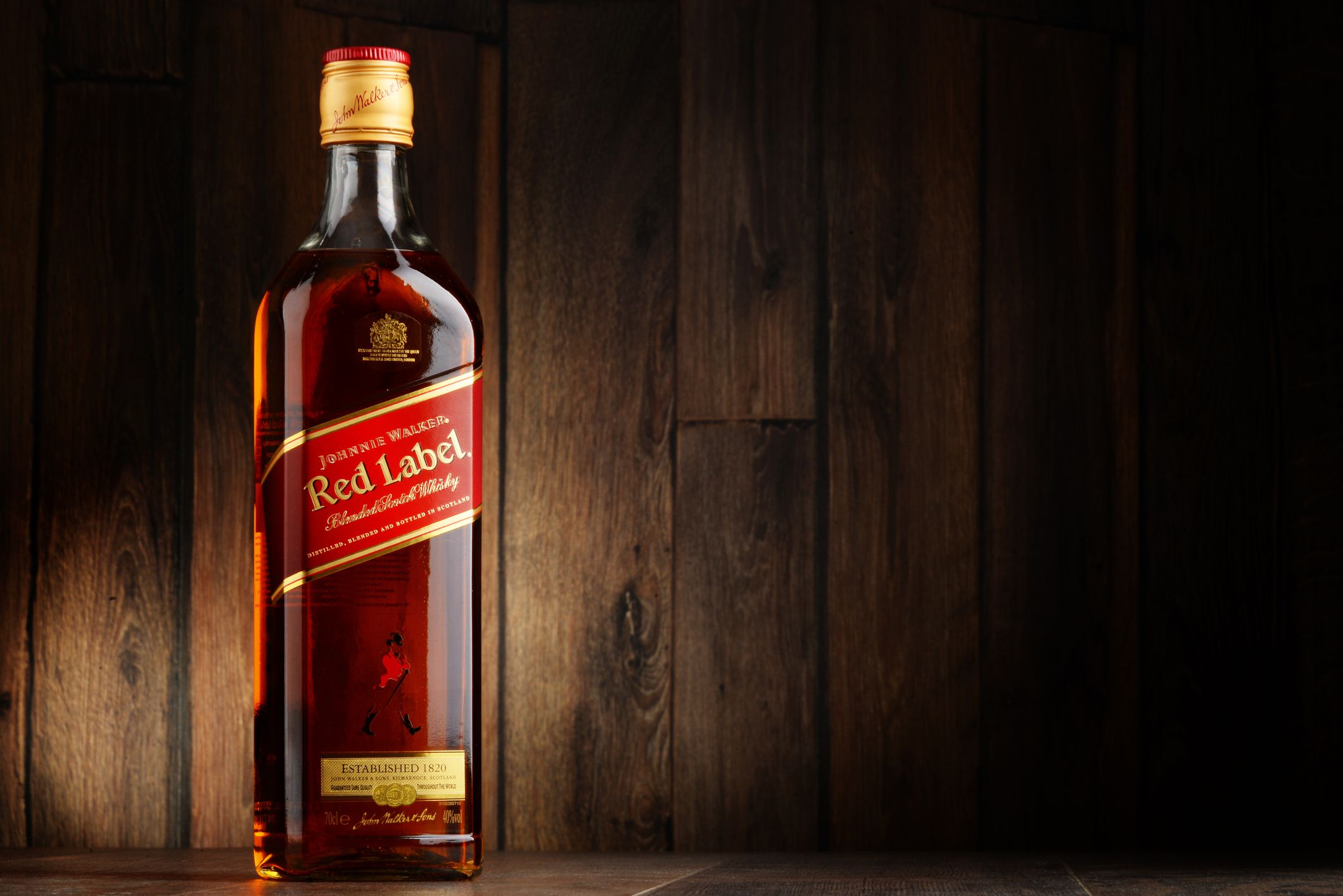 Poznan, Poland - May 18, 2016: Johnnie Walker is the most widely distributed brand of blended Scotch whisky in the world with sales of over 130 million bottles a year.