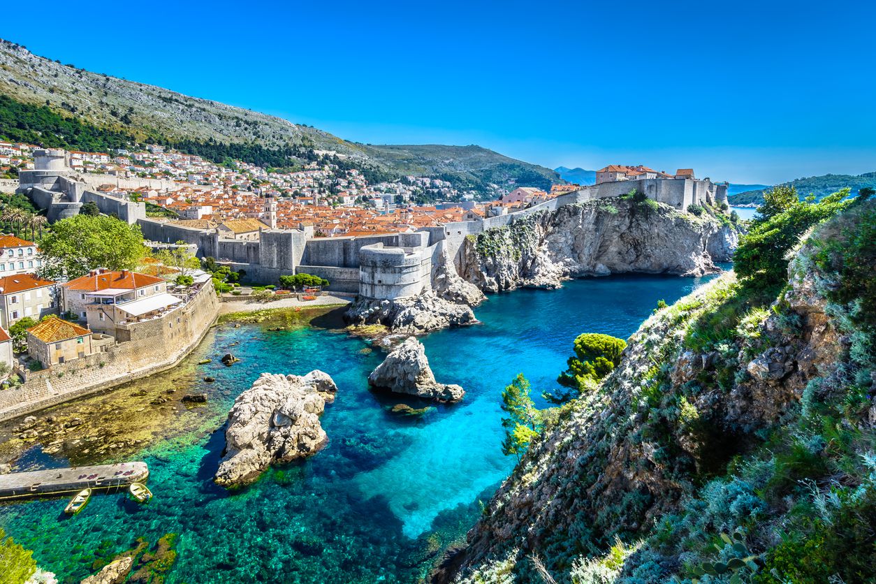Aerial panoramic view at famous european travel destination, Dubrovnik cityscape on Adriatic Coast, Croatia.
