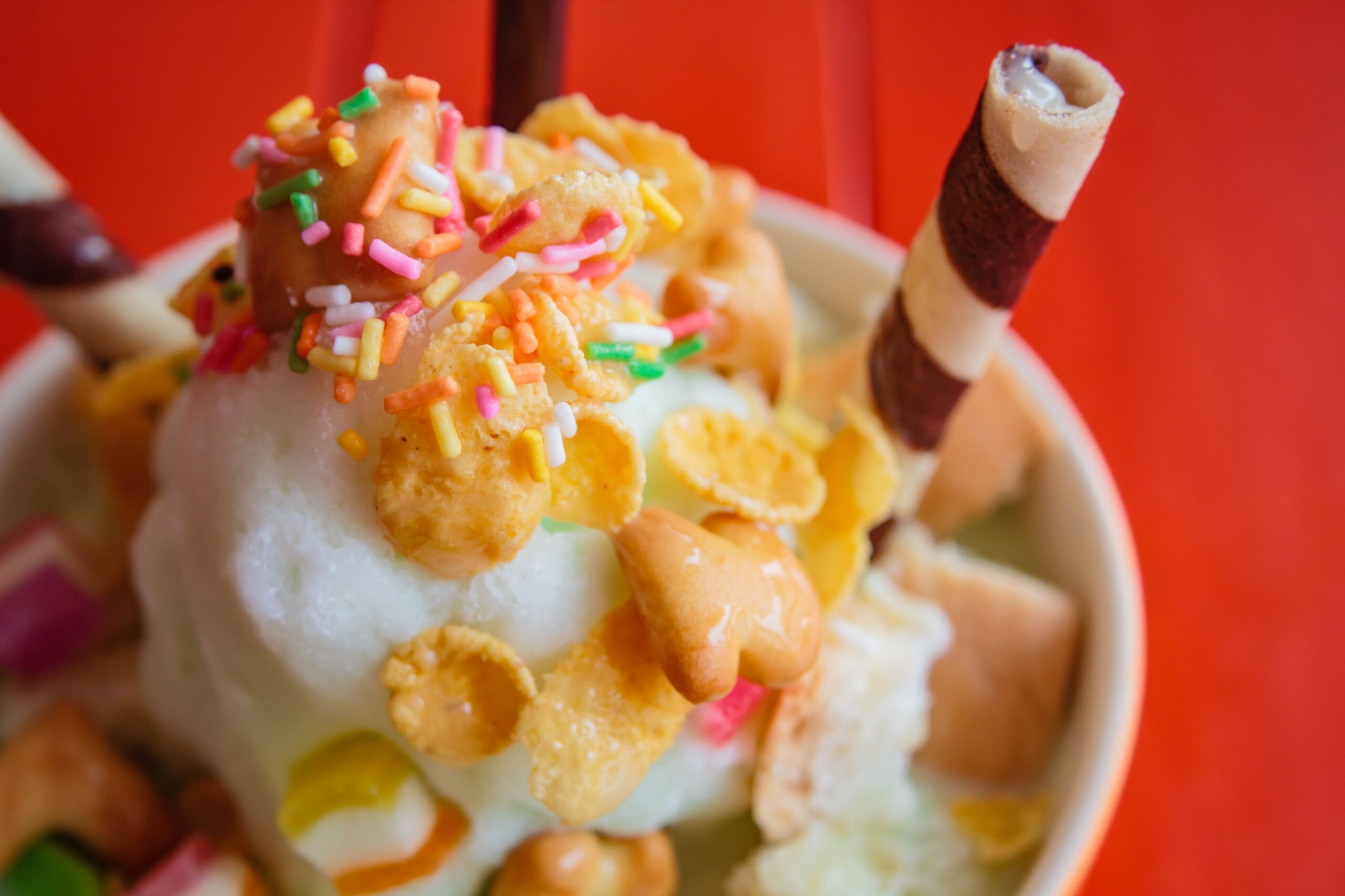 Shaved ice, thai style dessert made of shaved ice, bread, sweetened condensed milk.
