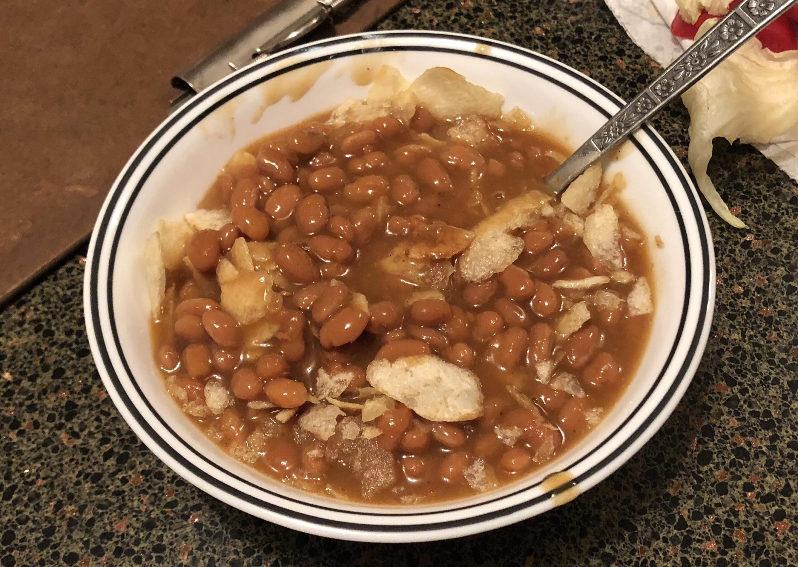 Baked beans and stale potato chips