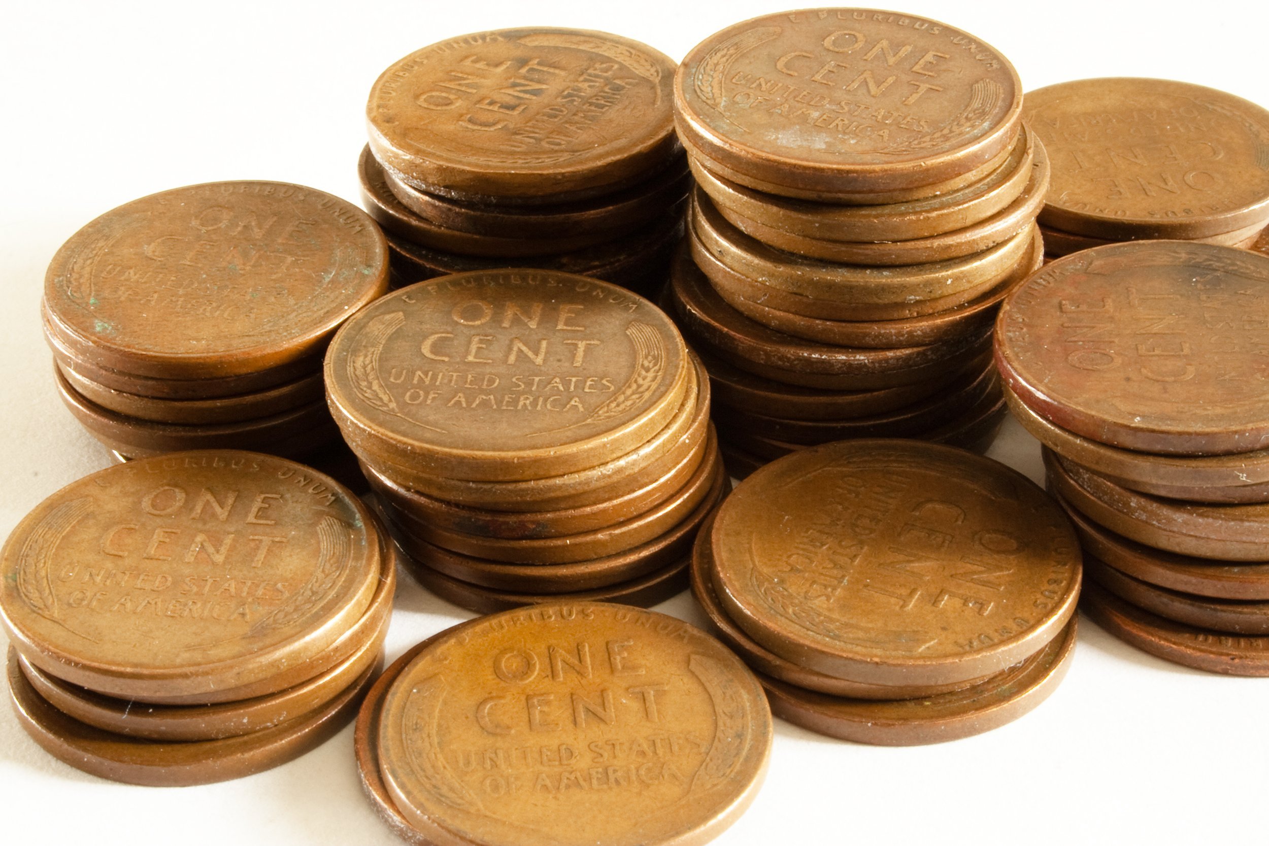 stacks of old American one cent wheat pennies