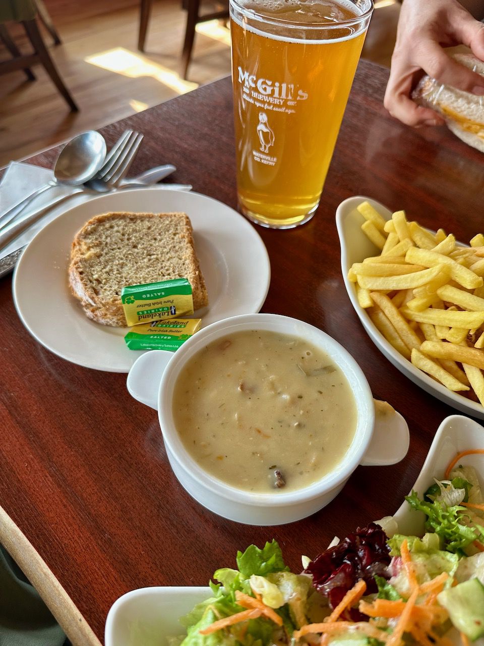 Irish Seafood Chowder with a pint of beer and salad