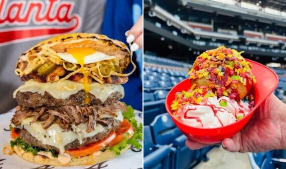 A split image showcases new MLB ballpark foods: a massive burger loaded with cheese, pulled pork, fried onions, pickles, and a sunny-side-up egg on the left, and a vibrant ice cream dessert with cereal in a red baseball helmet bowl on the right.