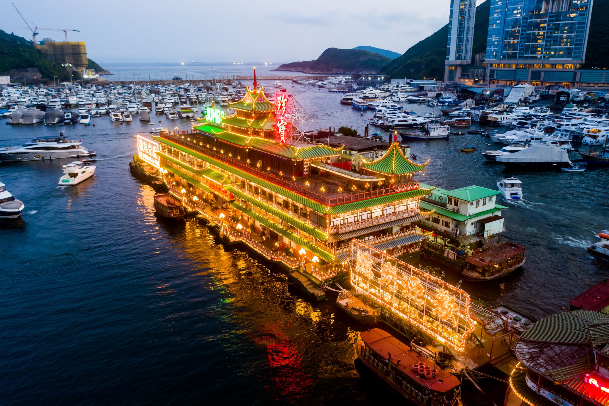 Night view of the famous Jumbo Floating Restaurant in Aberdeen Harbor in Hong Kong.