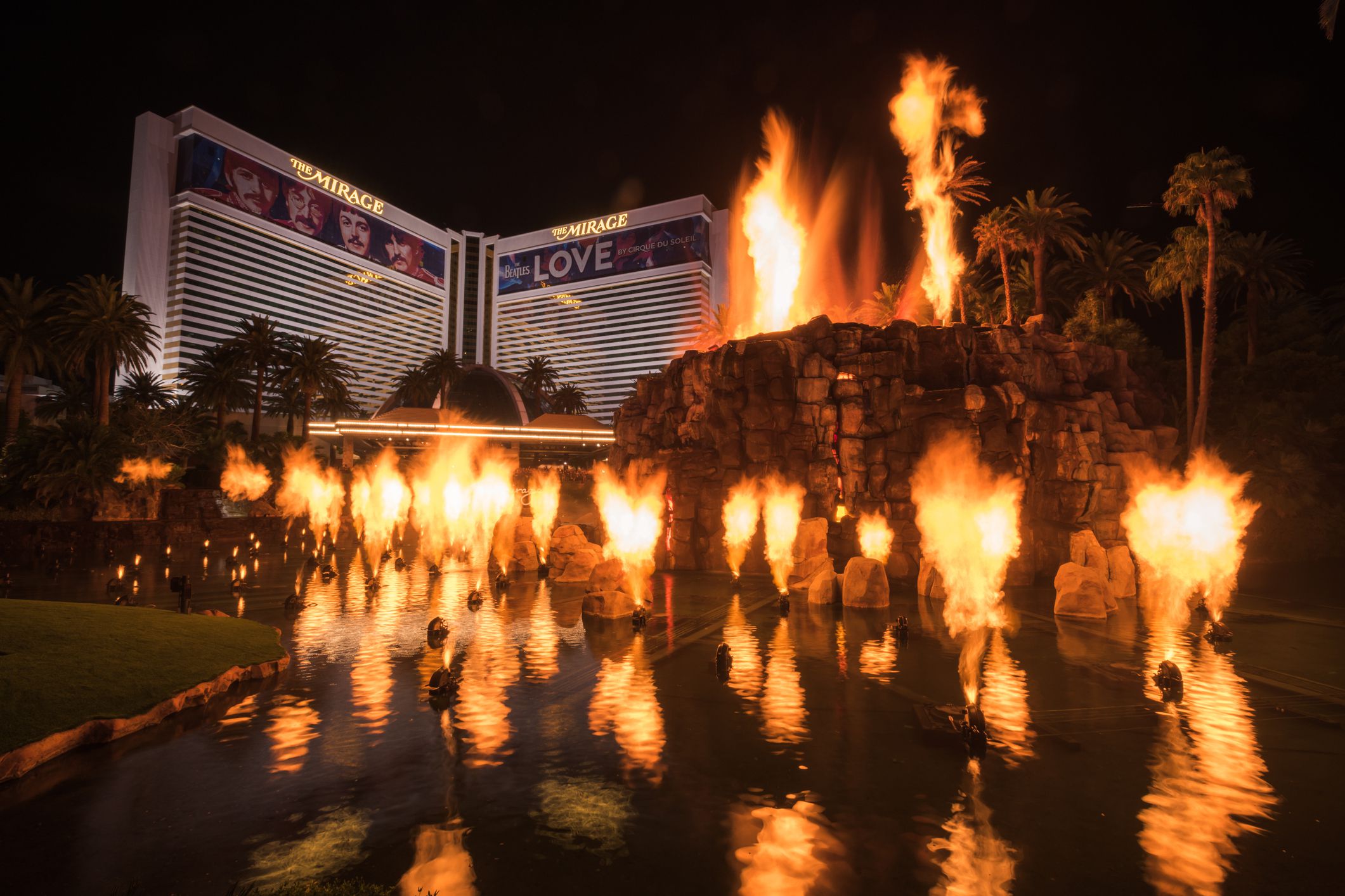 Las Vegas, USA - Sep 24, 2019: The free Mirage Fire show early in the evening on the strip/