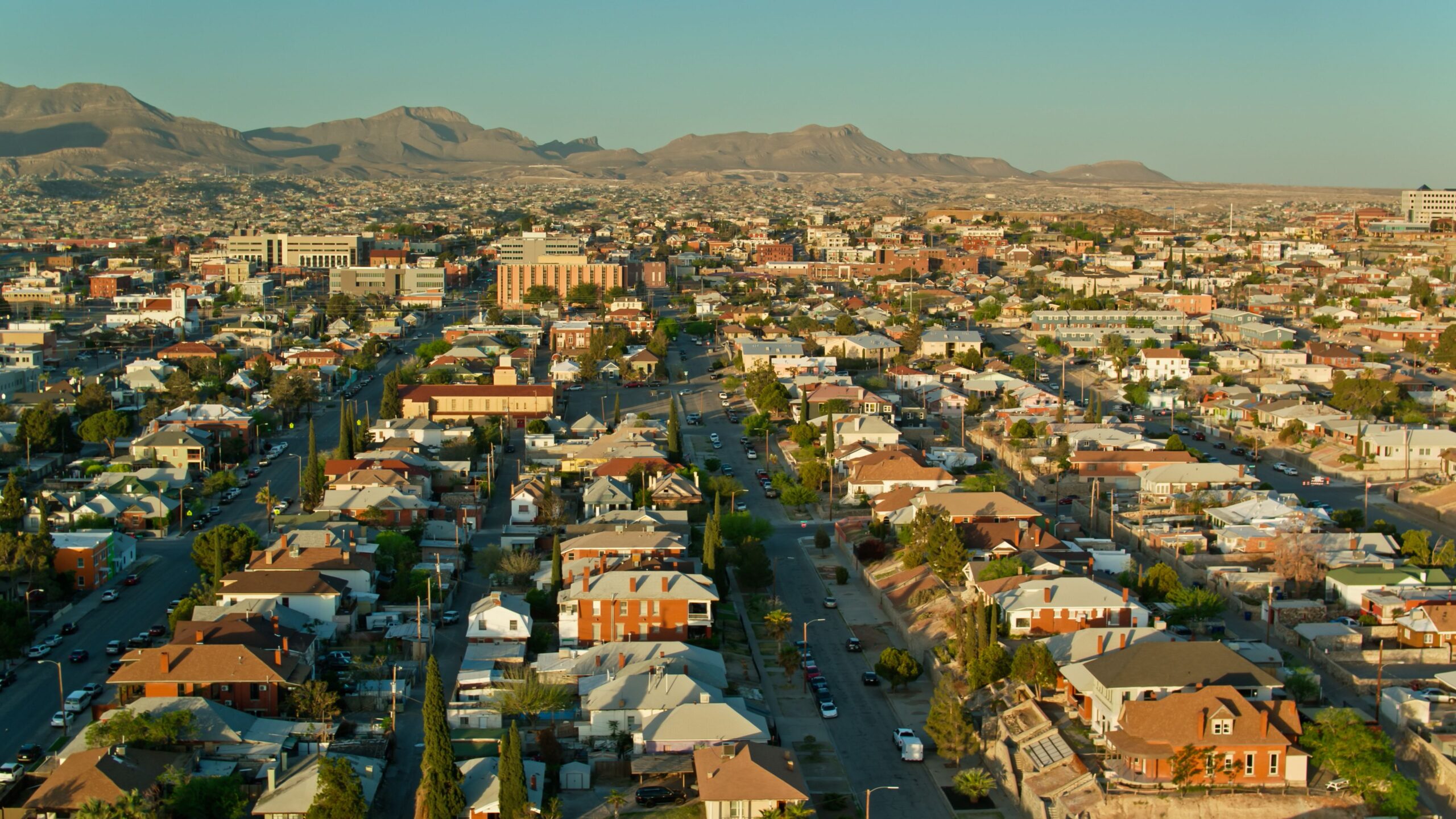 Aerial shot of El Paso, Texas at sunrise.