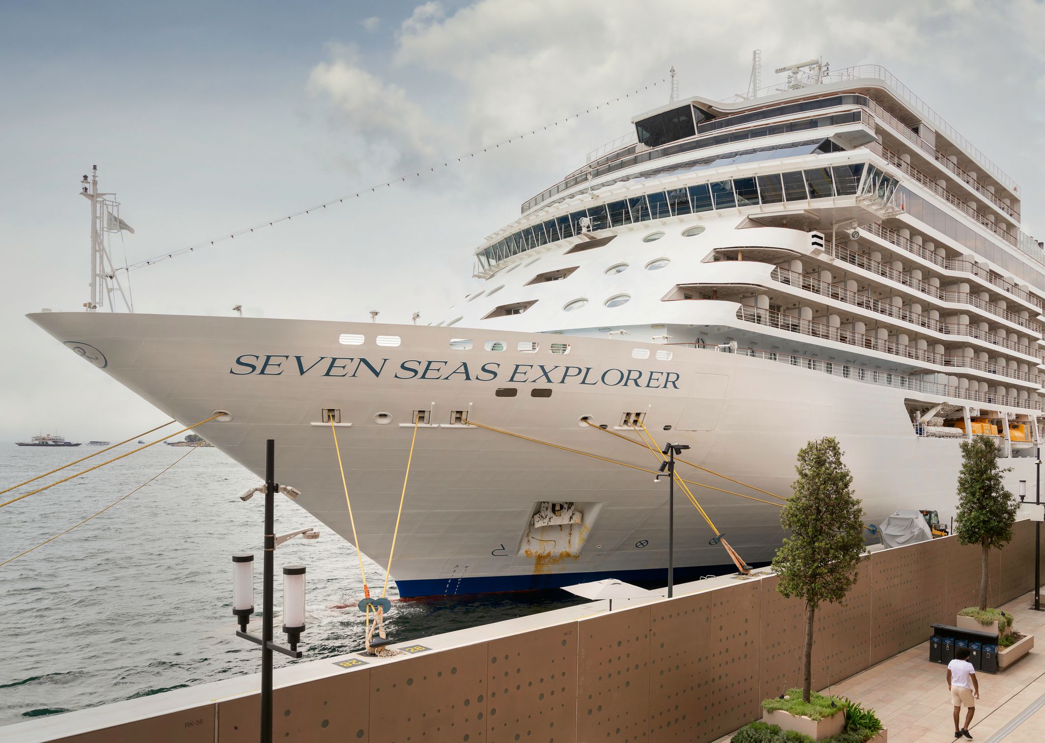 Istanbul, Turkey - August 31, 2022: Seven Seas Explorer, Large cruise ship docked at terminal of Galataport, a mixed use development located along shore of Bosphorus strait, in Karakoy neighbourhood
