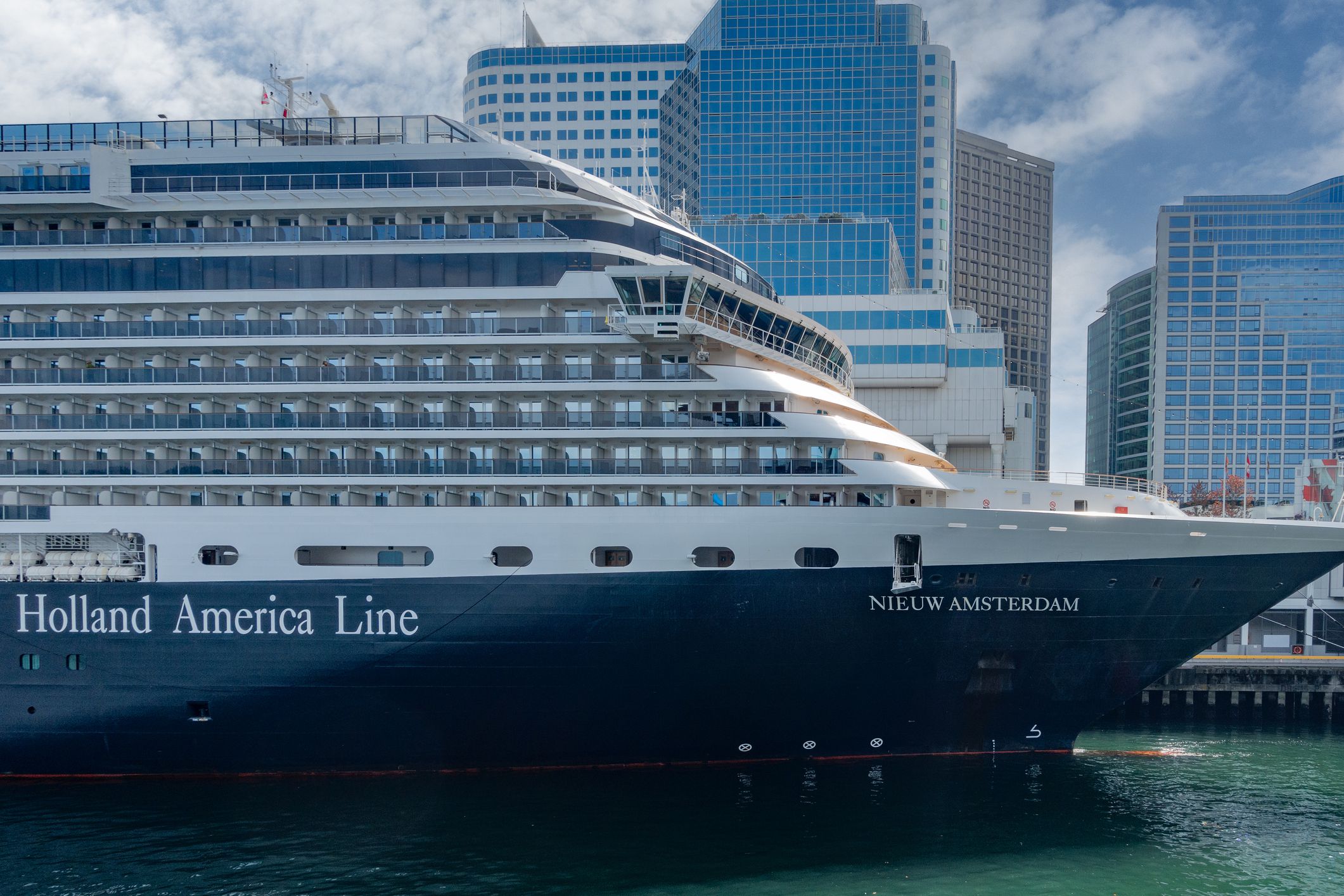 The bow of the Holland America cruise ship Nieuw Amsterdam, which is docked at Canada Place, Vancouver, before setting off on a cruise to Alaska.