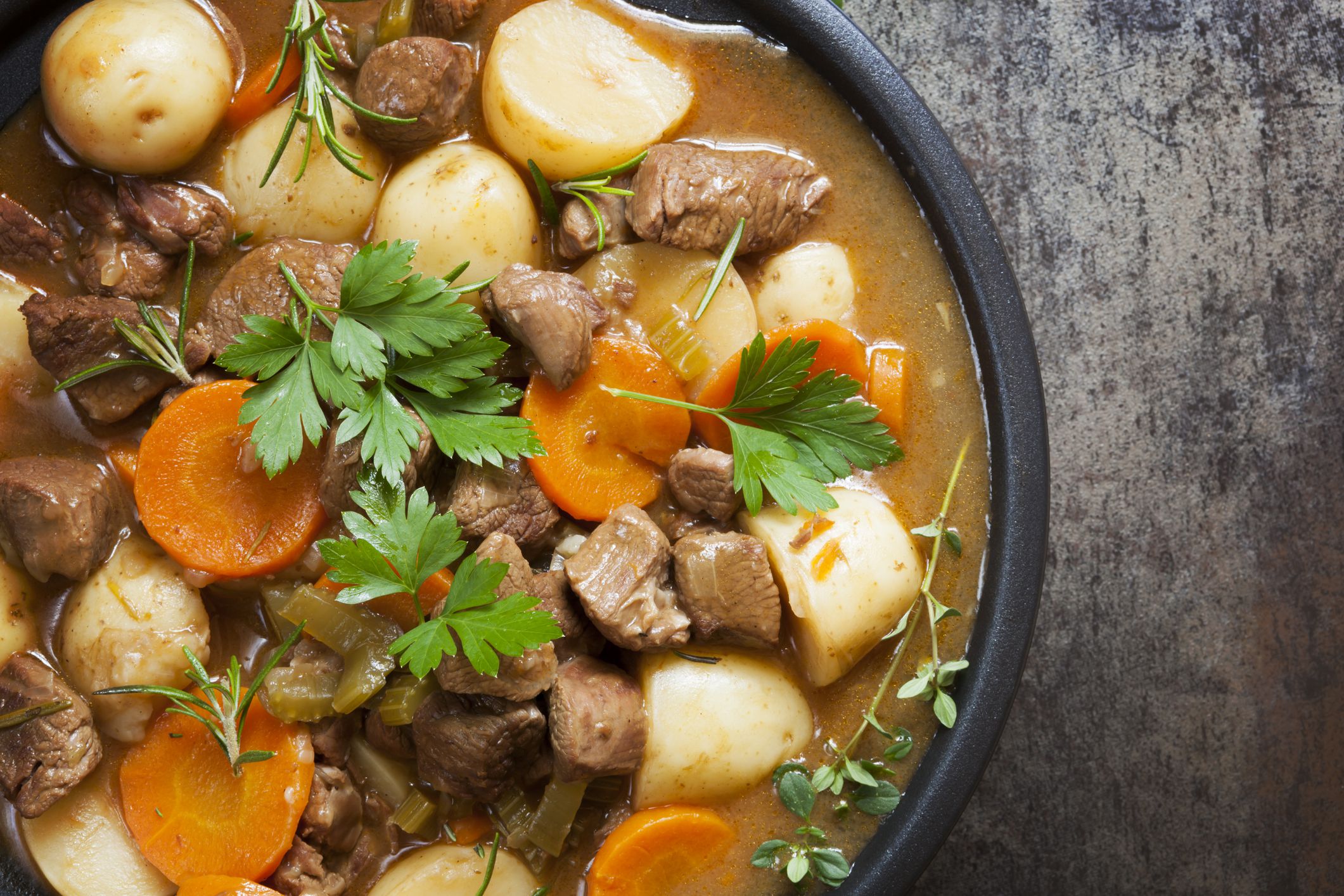 Irish stew, made with lamb, stout, potatoes, carrots and herbs.