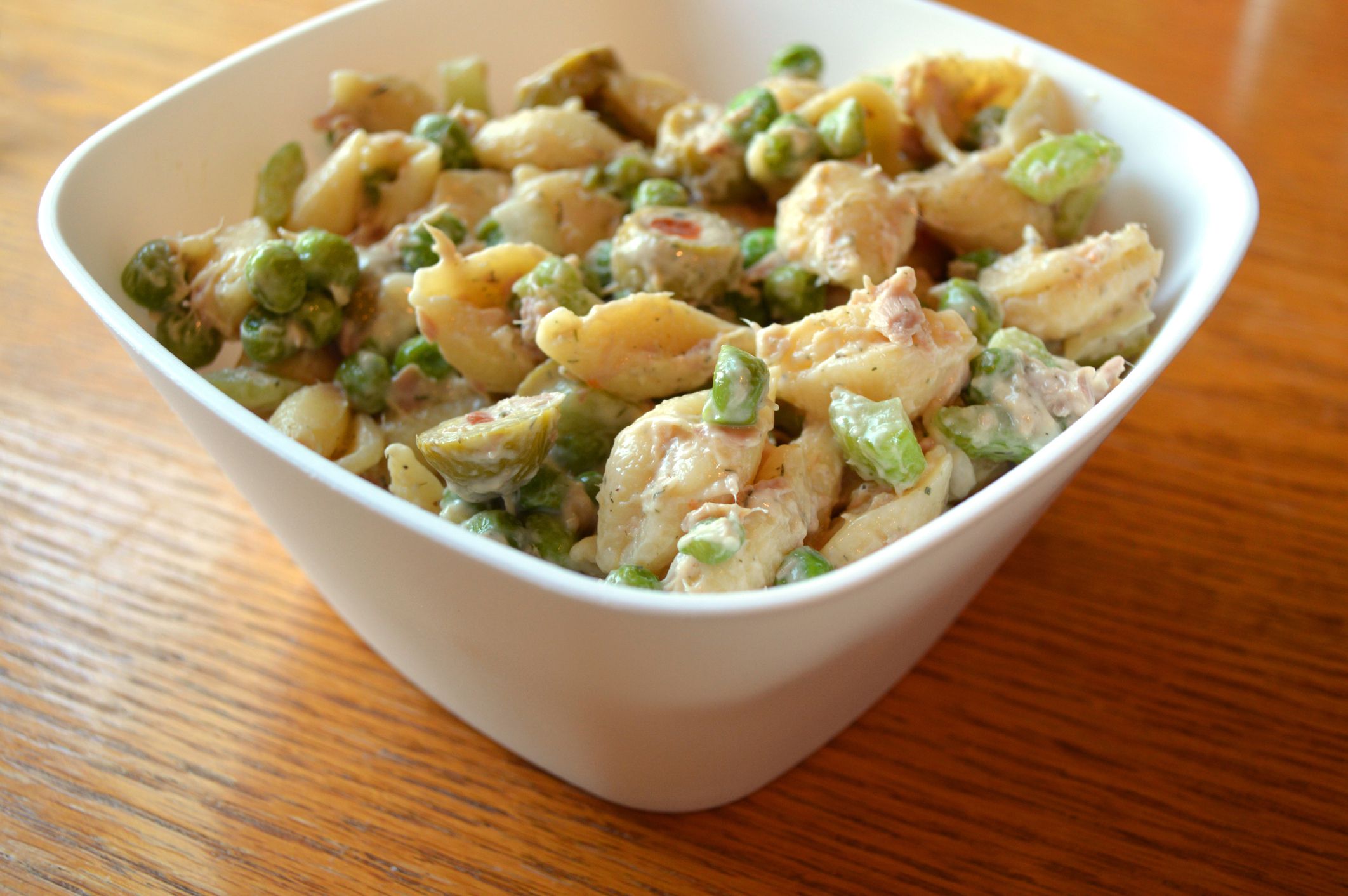 pasta salad with peas, celery and olives