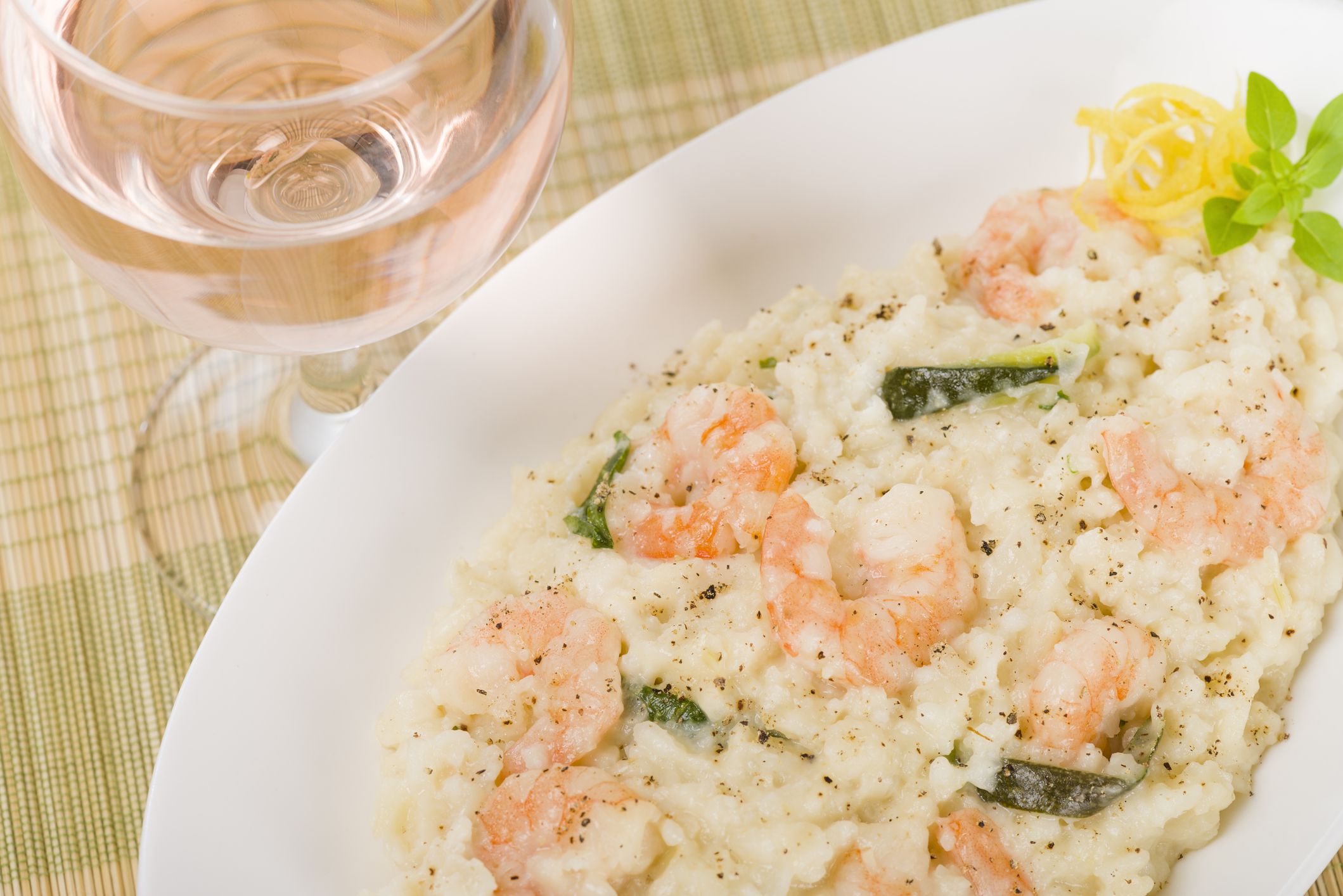 King prawn risotto with creamy white wine sauce and courgette.