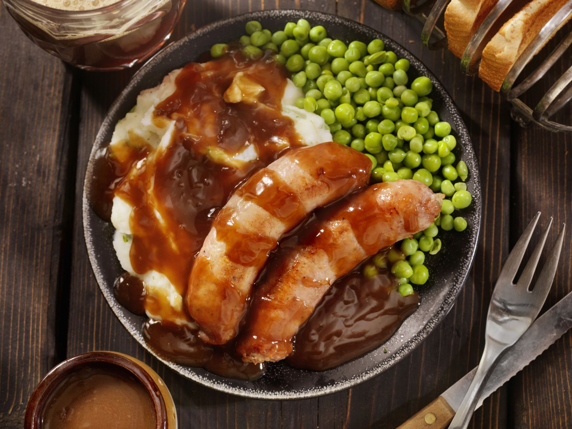 Grilled Pork Sausages with Mashed Potatoes, Green Peas and Gravy-Photographed on Hasselblad H3D-39mb Camera