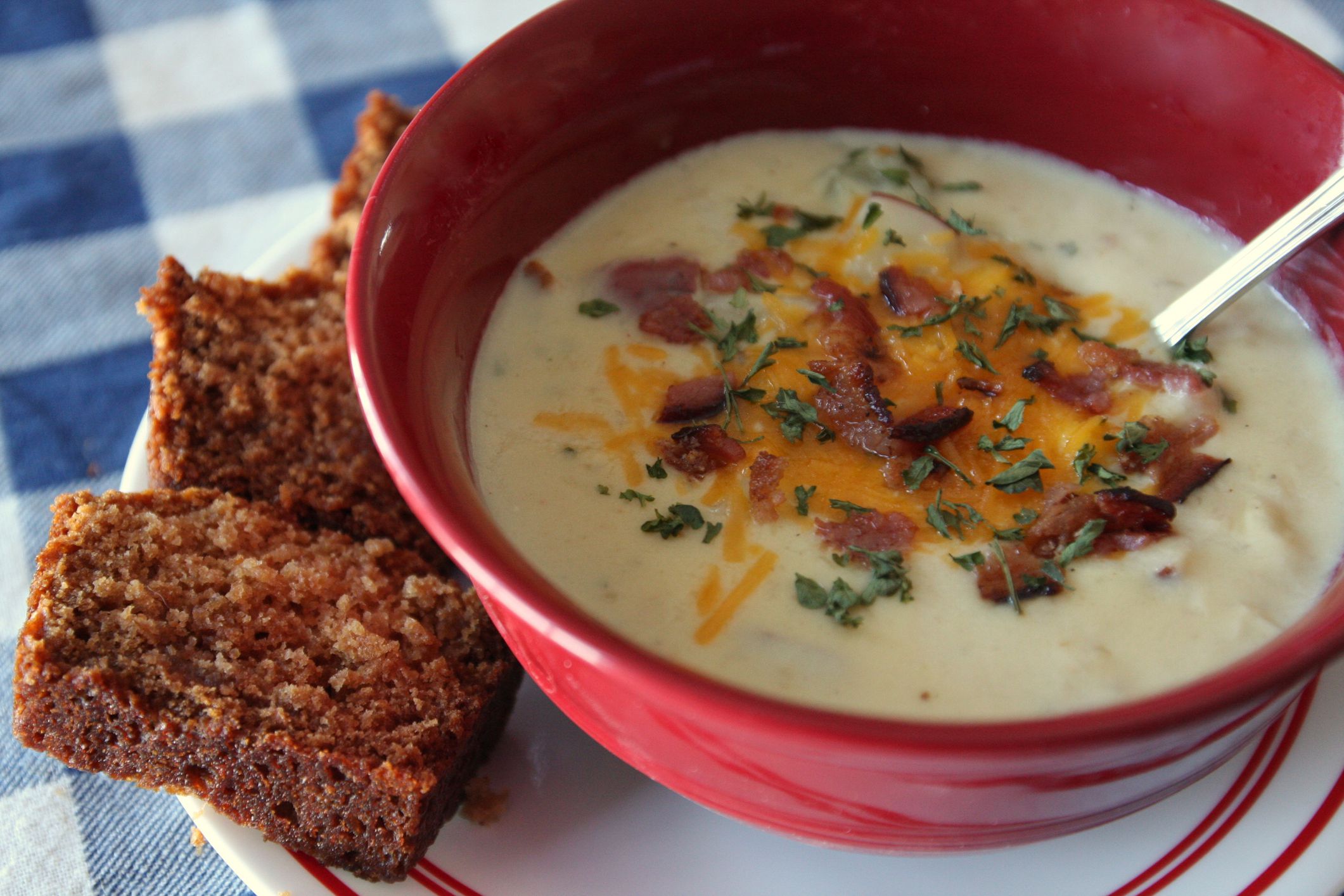 Homemade baked potato soup and fresh-baked applesauce bread from an Iowa farm kitchen helps warm body and soul on a cold, winter day.