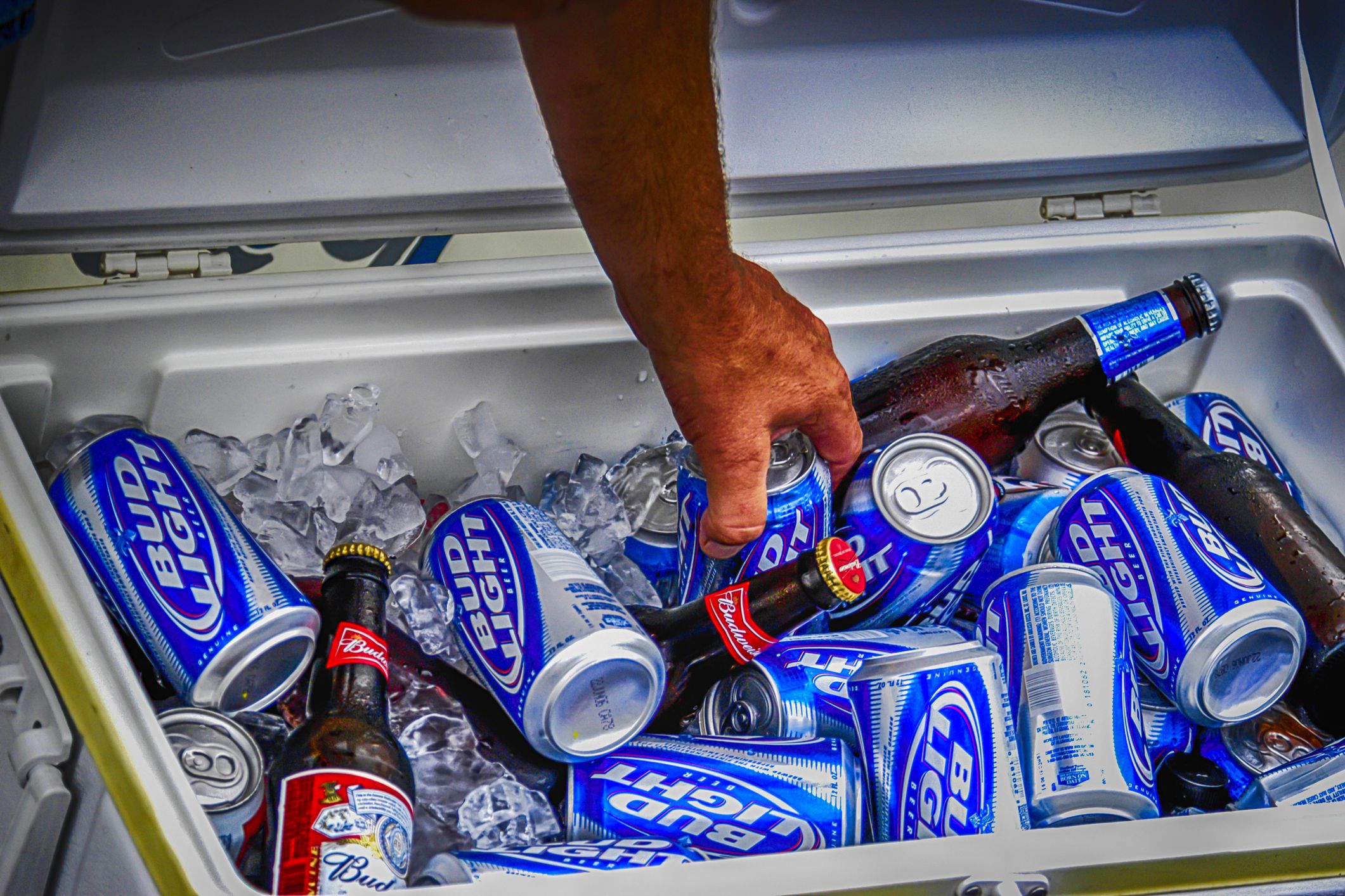 POrt Huron, MI, USA - July 14, 2006: A hand reaches into a cooler box to retrieve a can and bottle of Budweiser Light beer at the Port Huron Sailing regatta in Michigan