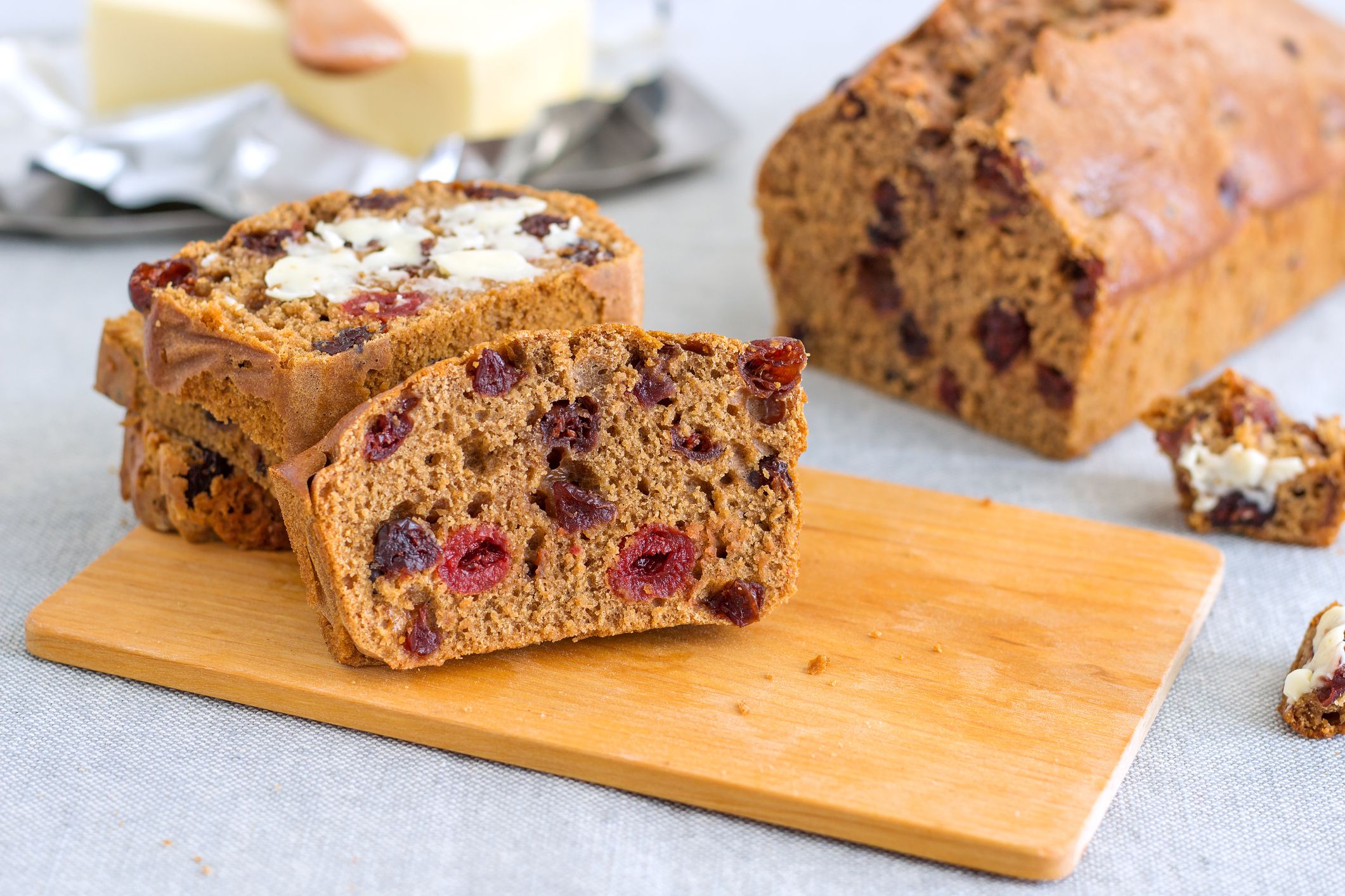 Homemade Irish barmbrack, also called tea cake or fruitcake.