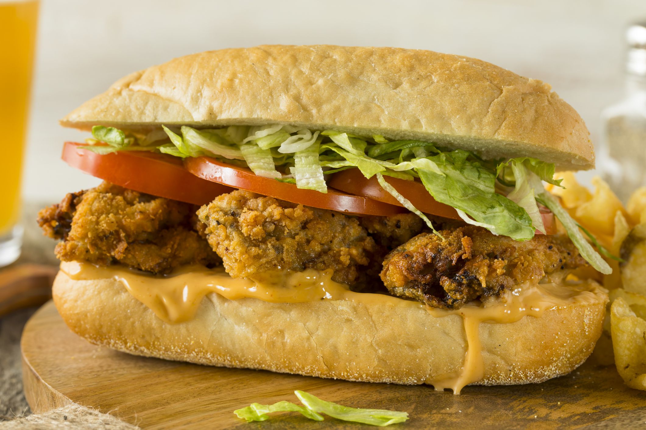 Homemade Fried Oyster Po Boy Sandwich with Lettuce and Tomato