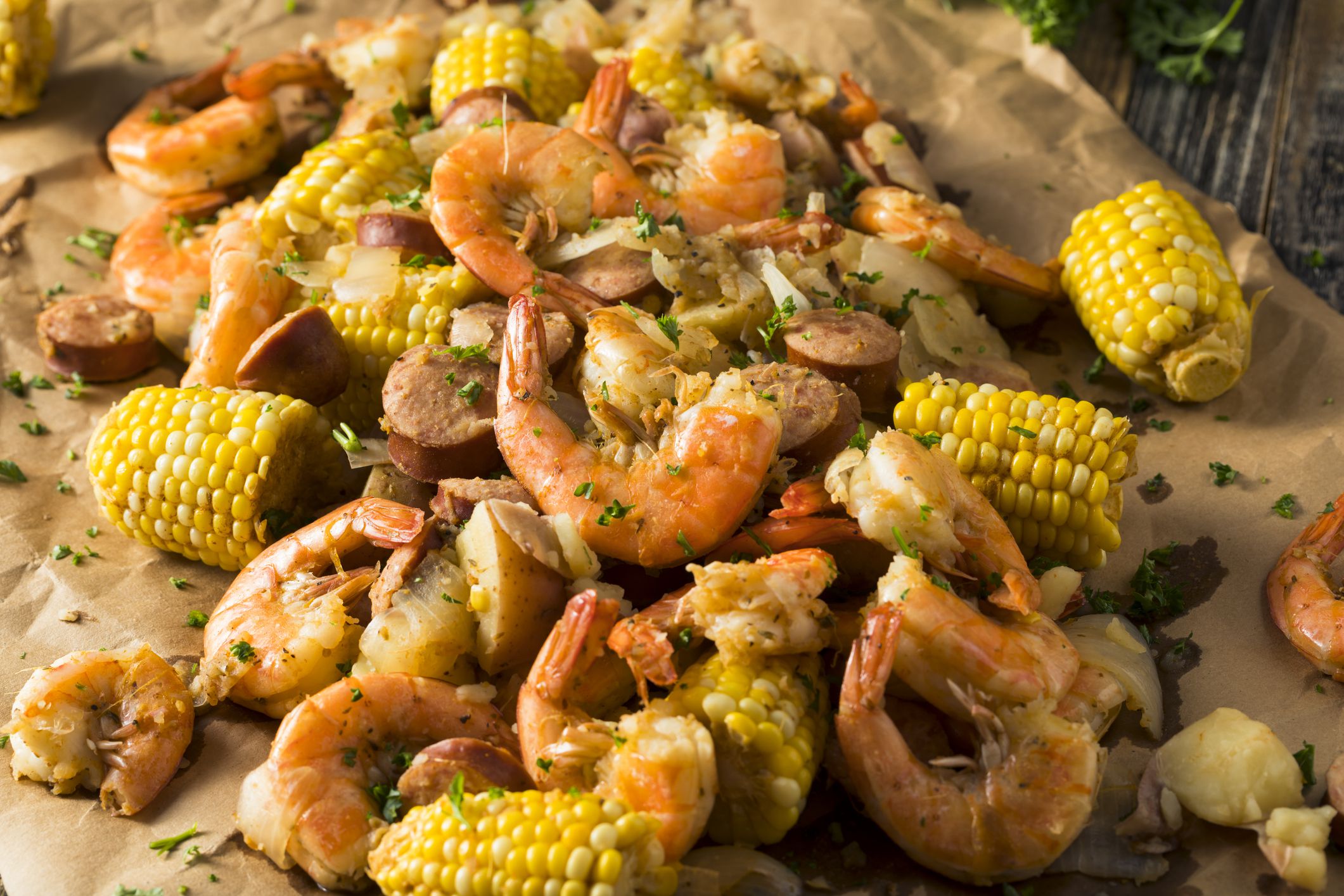 Homemade Traditional Cajun Shrimp Boil with Sausage Potato and Corn