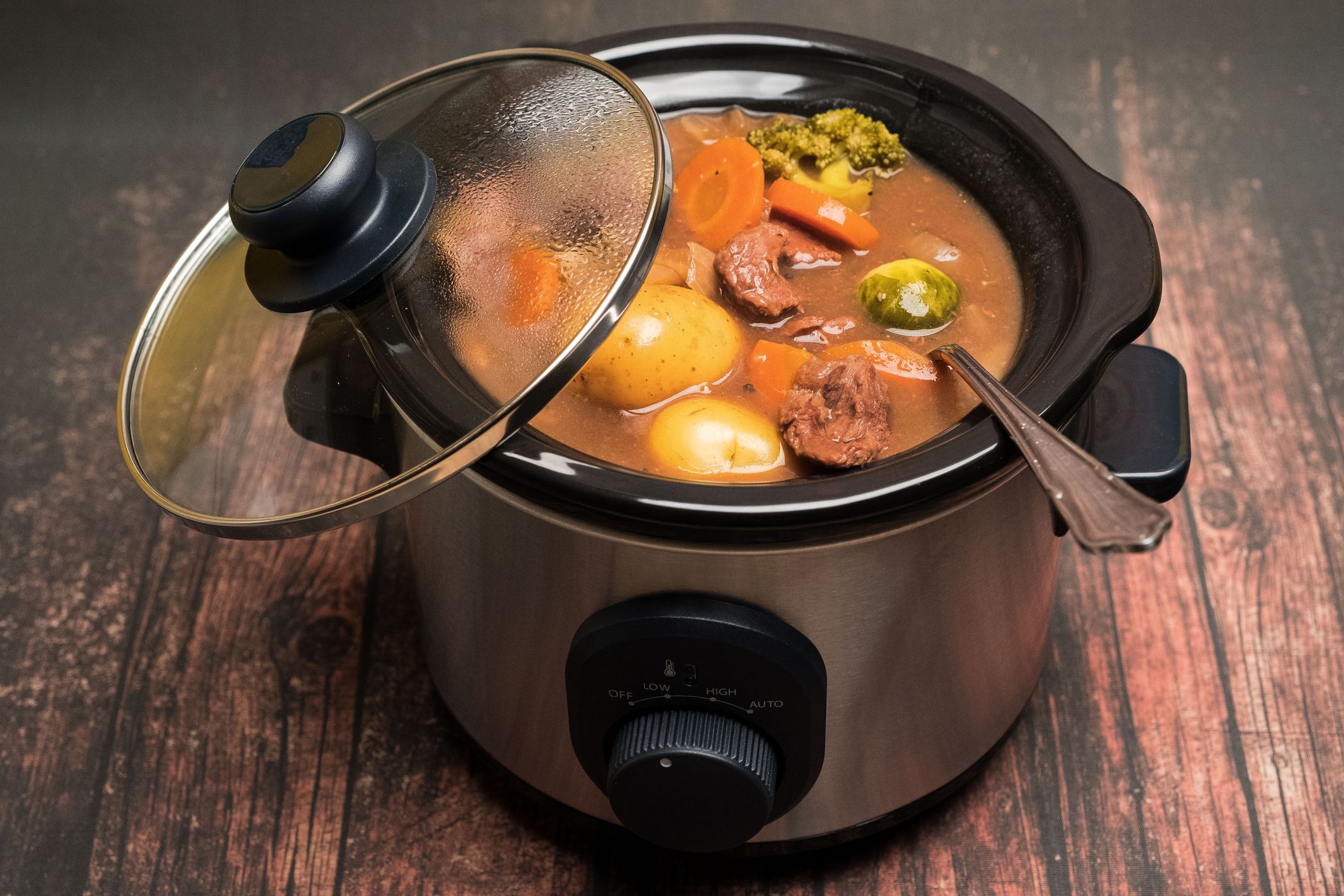 Beef casserole cooked in a slow cooker